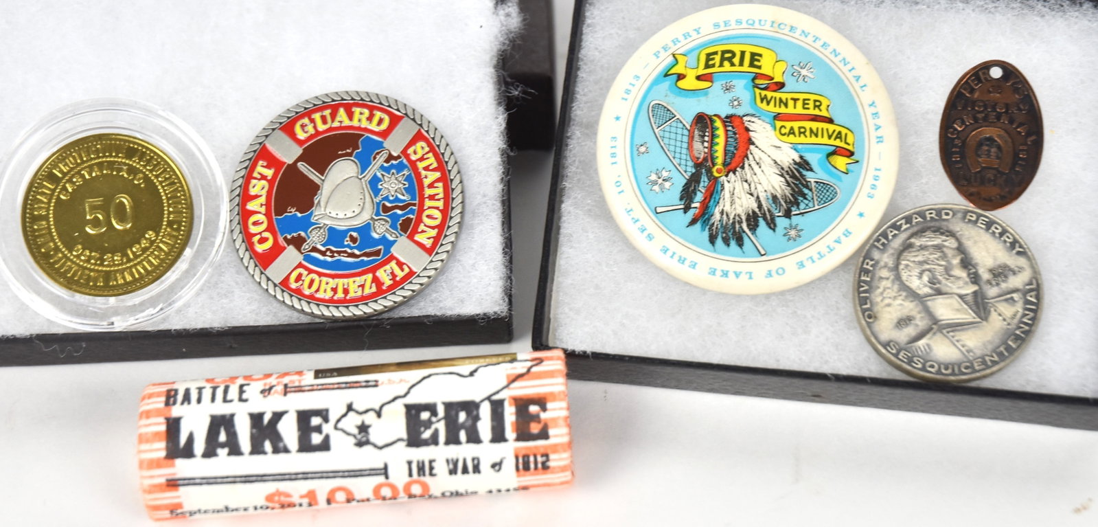 Token & Commemorative Coins: Lot of six, including marked .999 silver Oliver Hazard Perry Sesquicentennial 1813-1963 Erie, Pa.; plus ten dollar roll of mint quarters Perry Monument, unopened roll with Battle of Lake Erie Forever 