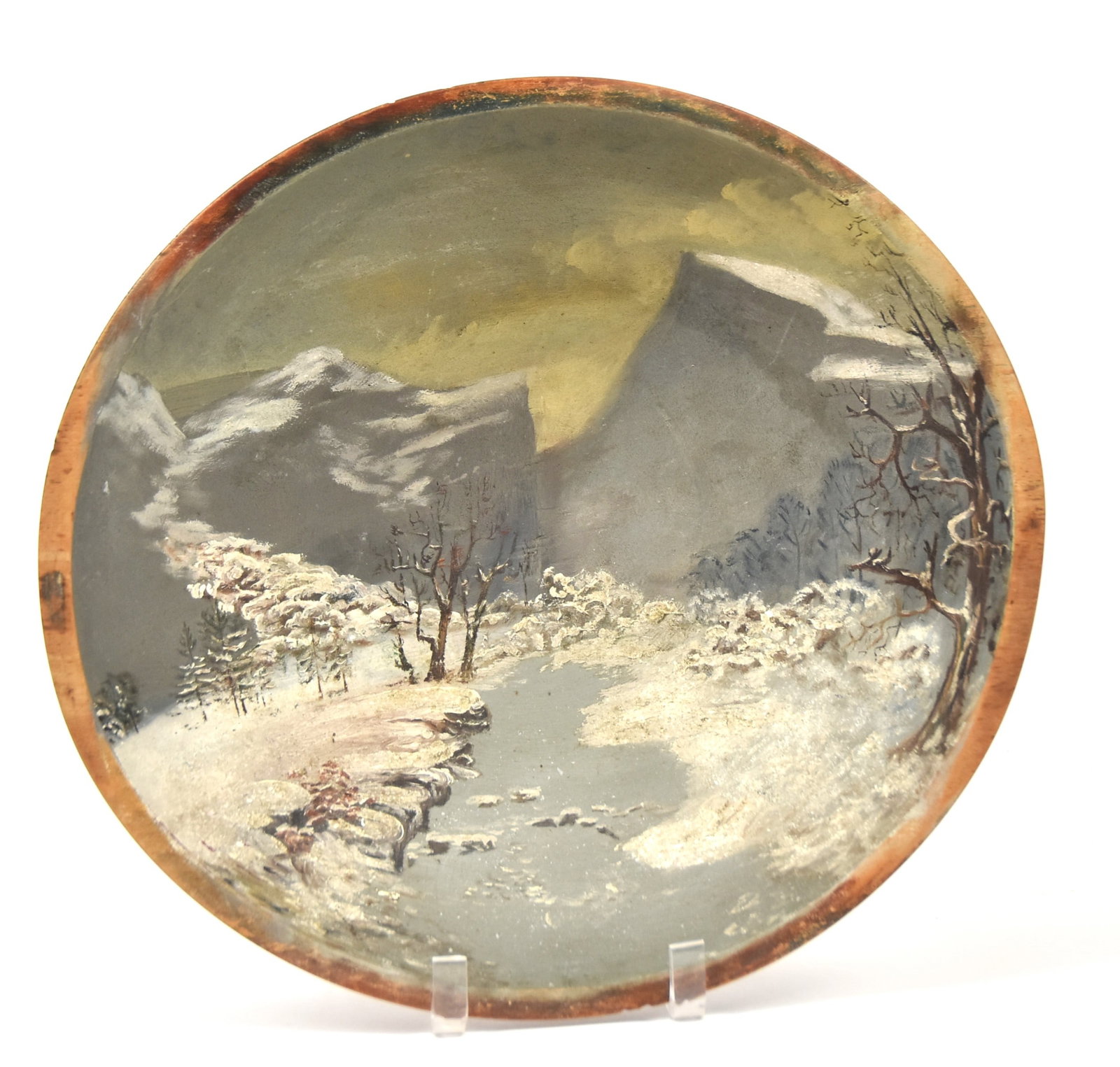 Folk Art Painted Wood Bowl: Turned maple with polychrome painted winter mountain landscape oil painting on interior, 14 x15 x 4" high. Condition paint circa 98% Fine.