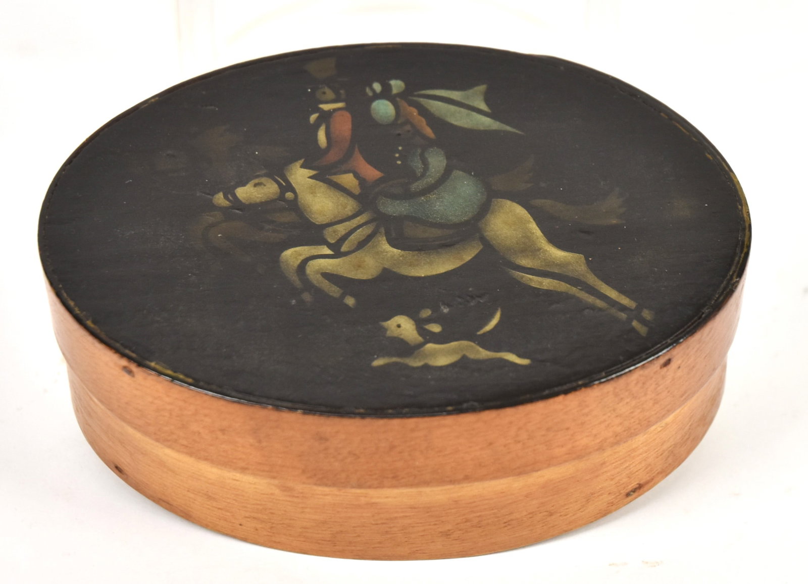 Decorated Bentwood Pantry Box: Spruce & white pine, oval with one finger construction and lid stenciled with polychrome mounted hunt scene, nice patina, 5 1/4 x 4 x 1 3/4" high. Condition Fine.