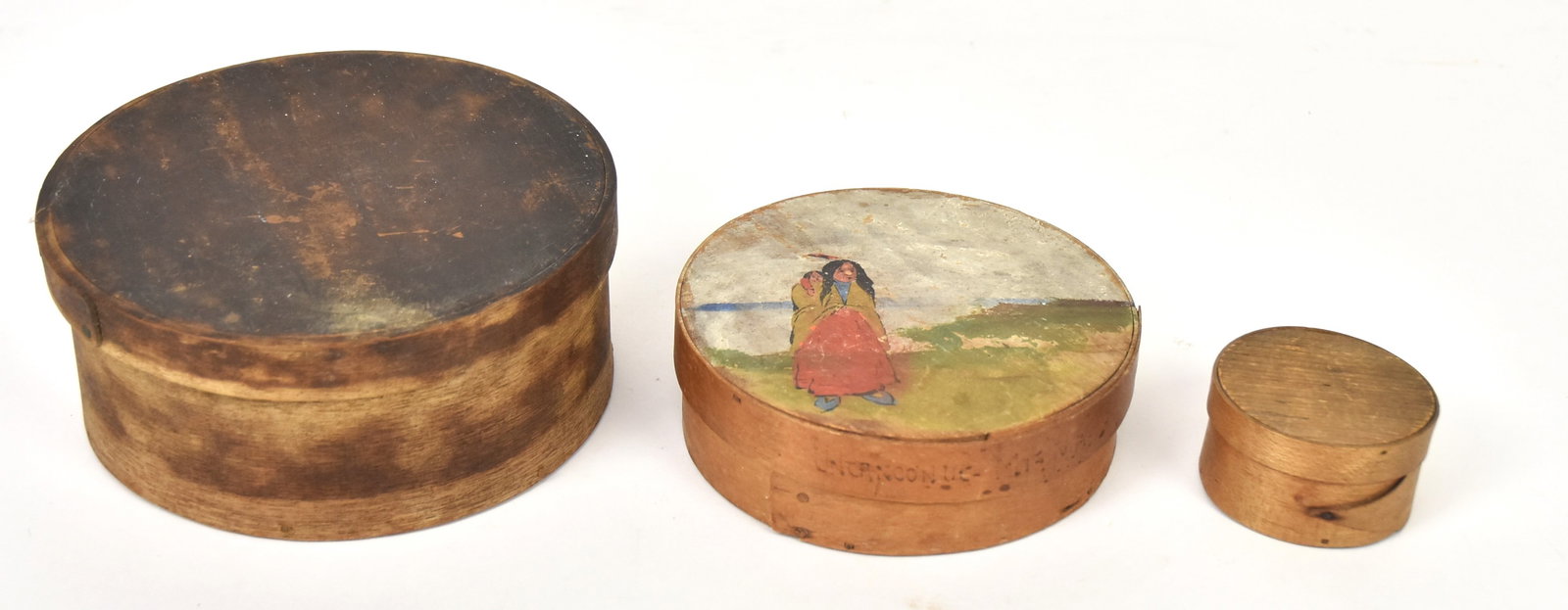 Three Early Bentwood Pantry Boxes: All lidded & round in spruce and white pine, with largest with copper braid construction, nice old patina, 6 3/4" diameter x 3" high; plus one with polychrome painted landscape on lid with Native Amer
