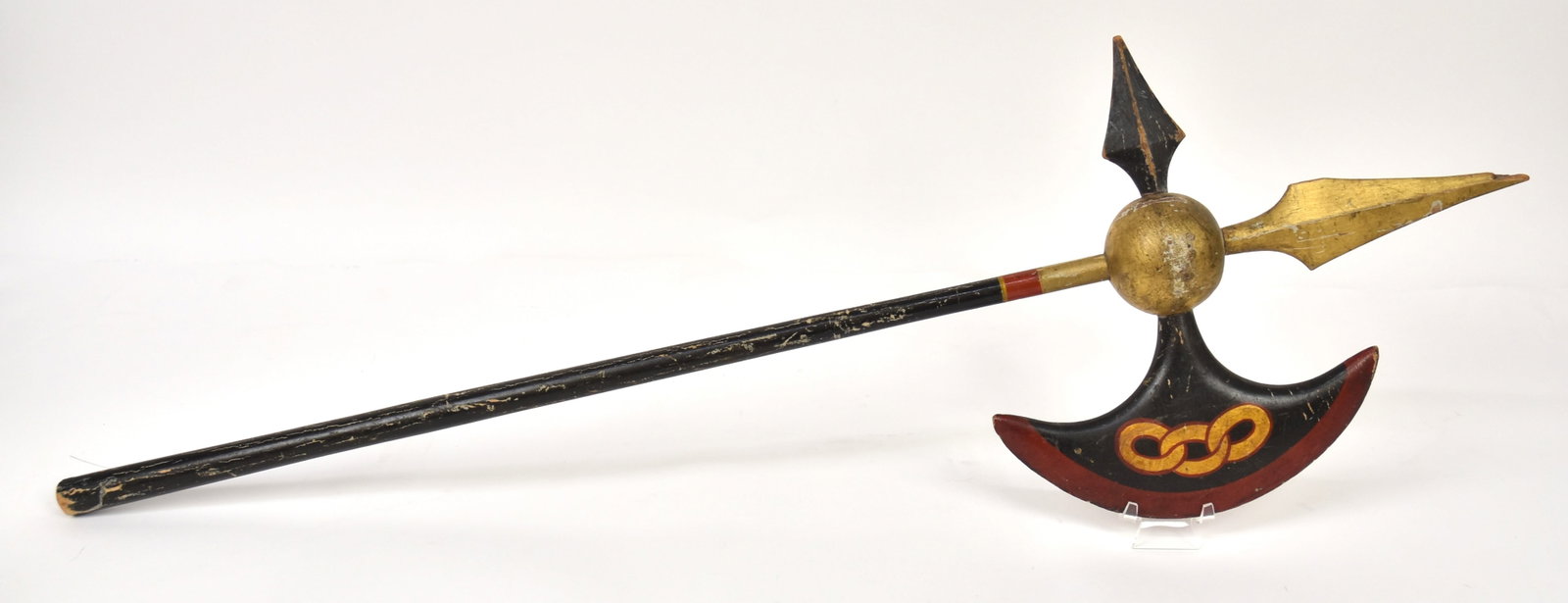 Odd Fellows Lodge Painted Wood Halbred: Polychrome painted and gilt lodge regalia, 11 1/4" x 36" high. Condition paint circa 82%.