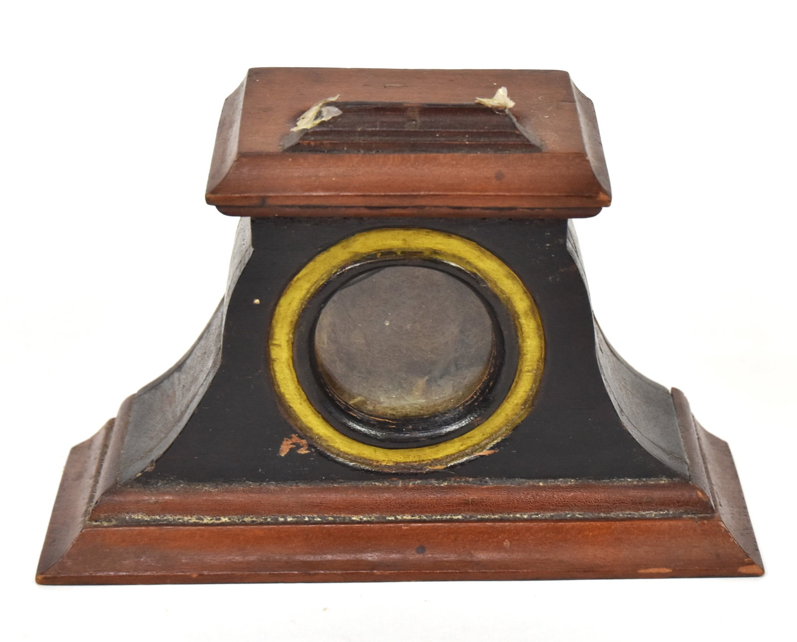 Folk Art Painted Wood Watch Hutch: Mixed woods in original varnish, black & yellow painte finish, with glass front, open at top for placing watch inside, nice old patina, original fabric liner, 7 1/2 x 2 3/4 x 5" high. Condition crack 