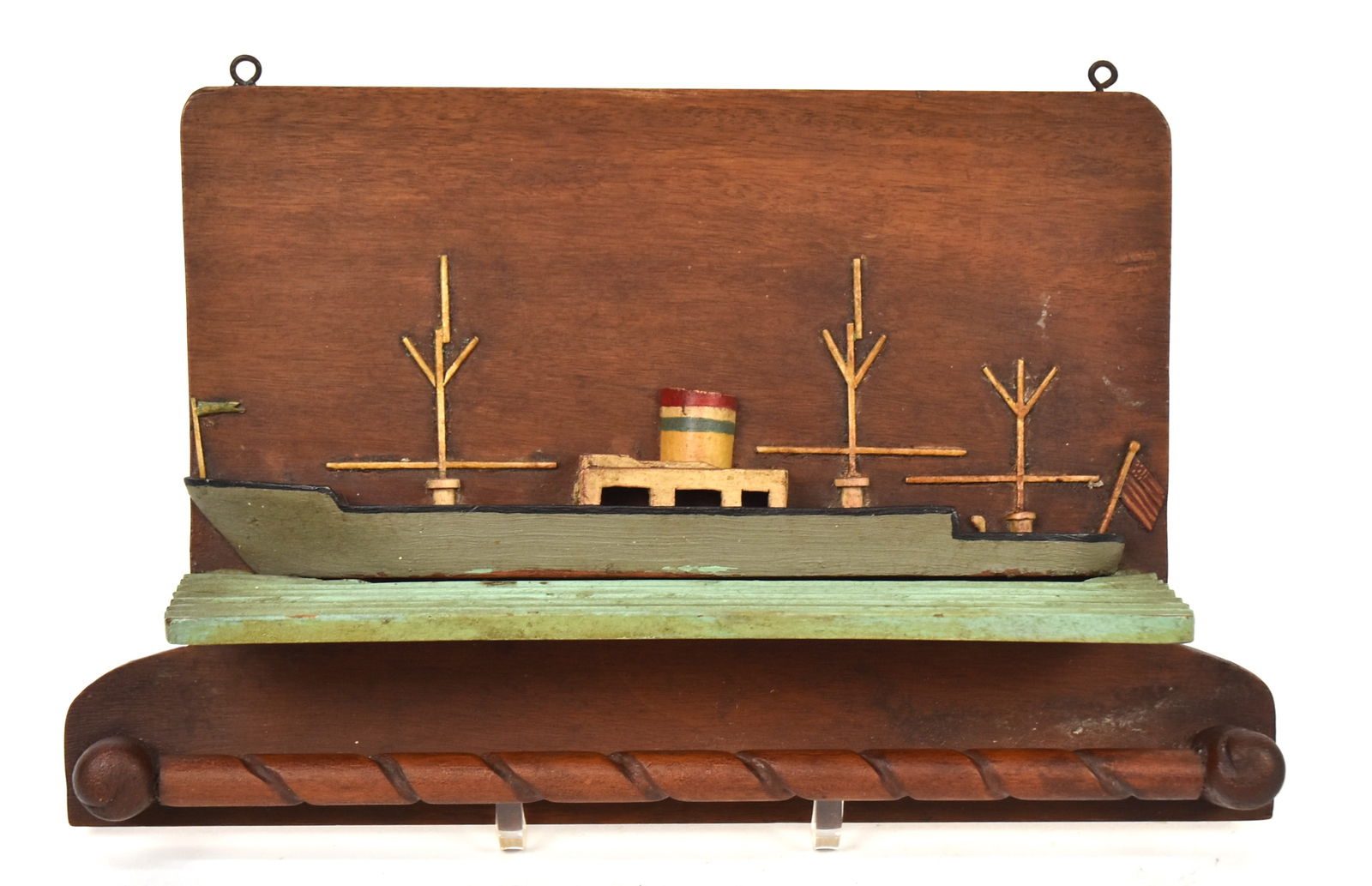 Folk Art Carved Nautical Towel Rack: With half model of U.S. flagged single stack steam ship in original polychrome paint and varnish finish, nice old patina, 13 1/4 x 2 3/4 x 8" high. Condition VG.