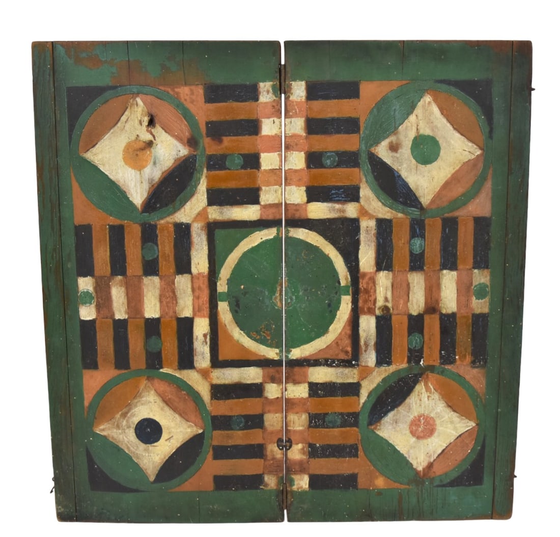 Fine Folk Art Painted Game Board: Folding with bread board ends in original polychrome painted finish with brass hinges and wire hasp, nice old untouched patina, 22 x 21 1/2". Condition paint circa 93%, VG.