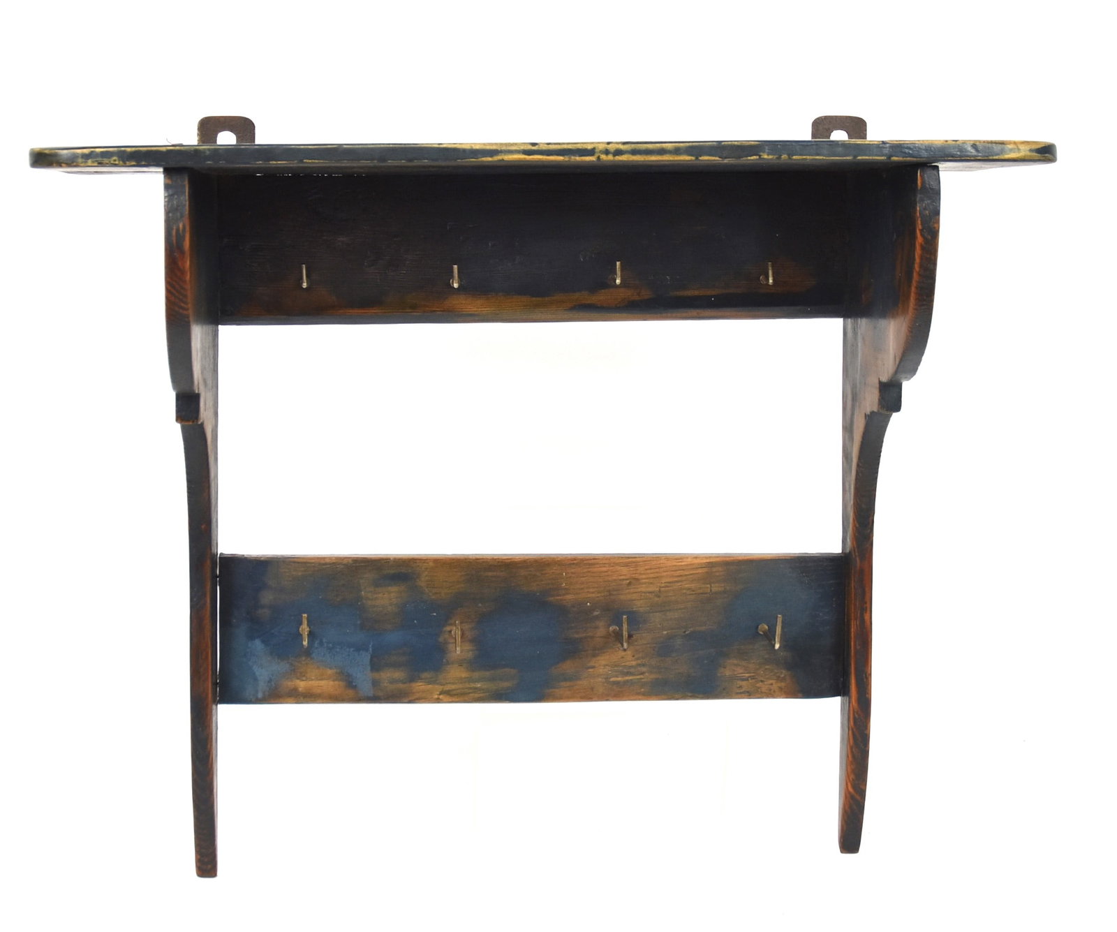 Blue Painted Hanging Shelf: Overhanging top with rounded corners, scroll cut-out sides with brass hook on back, 20 1/2 x 7 1/2 x 17" high. Condition Paint circa 65%, VG.