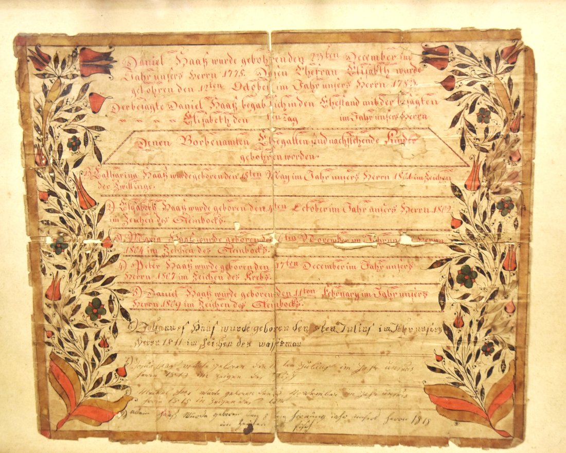 Christian Strenge Lancaster County, Pennsylvania 1809 Fractur: Daniel & Elizabeth Noak, Lancaster, Penn., polychrome watercolor on laid paper done in the year 1809, listing the birth of their children Catherine, 1801, Elizabeth, 1802, Wilarin 1804, Peter 1807 and
