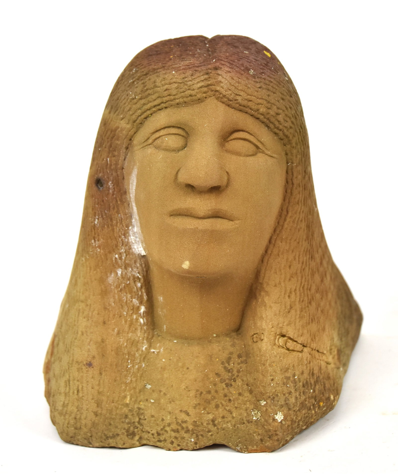 C. Cook Sandstone Sculpture: Chris Cook, student of E. Popeye Reed, Chillicothe, Ohio, shoulder length bust portrait of Native American lady with feathers in hair, signed C. Cook on base, 7 x 7 x 7 3/4" high. Condition. VG