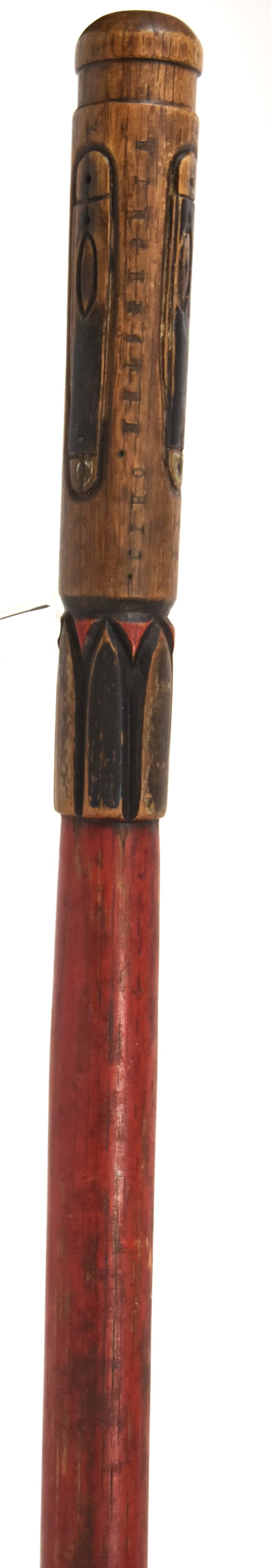 Signed Winchester Ohio Folk Art Walking Stick W/ Knives: Artist signed Troman Steen and Winchester, Ohio with three carved pocket knives in original polychrome paint with 2" brass & rubber ferrule, total length 34", nice old polished patina. Condition paint