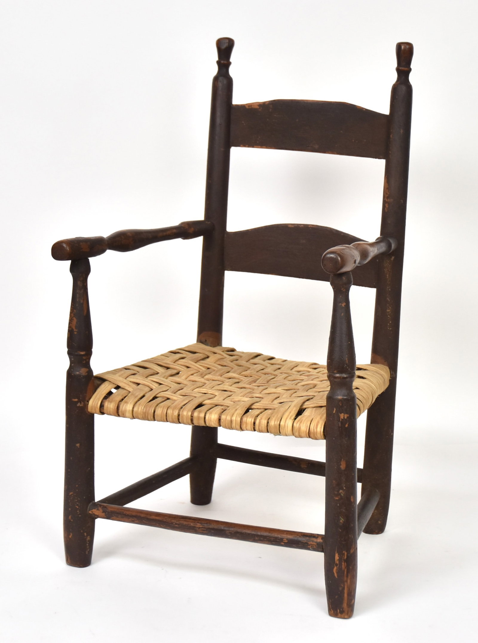 Early Painted Childs Armchair: Turned maple posts with bell finials, two arch top bent wood slats, turned arms and front post/legs with stretchers, newer split hickory seat, all with nice old patina, 14 1/4 x 12 x 24" high, seat at