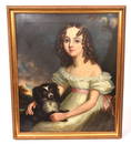 Early Oil Painting of Little Girl & Dog