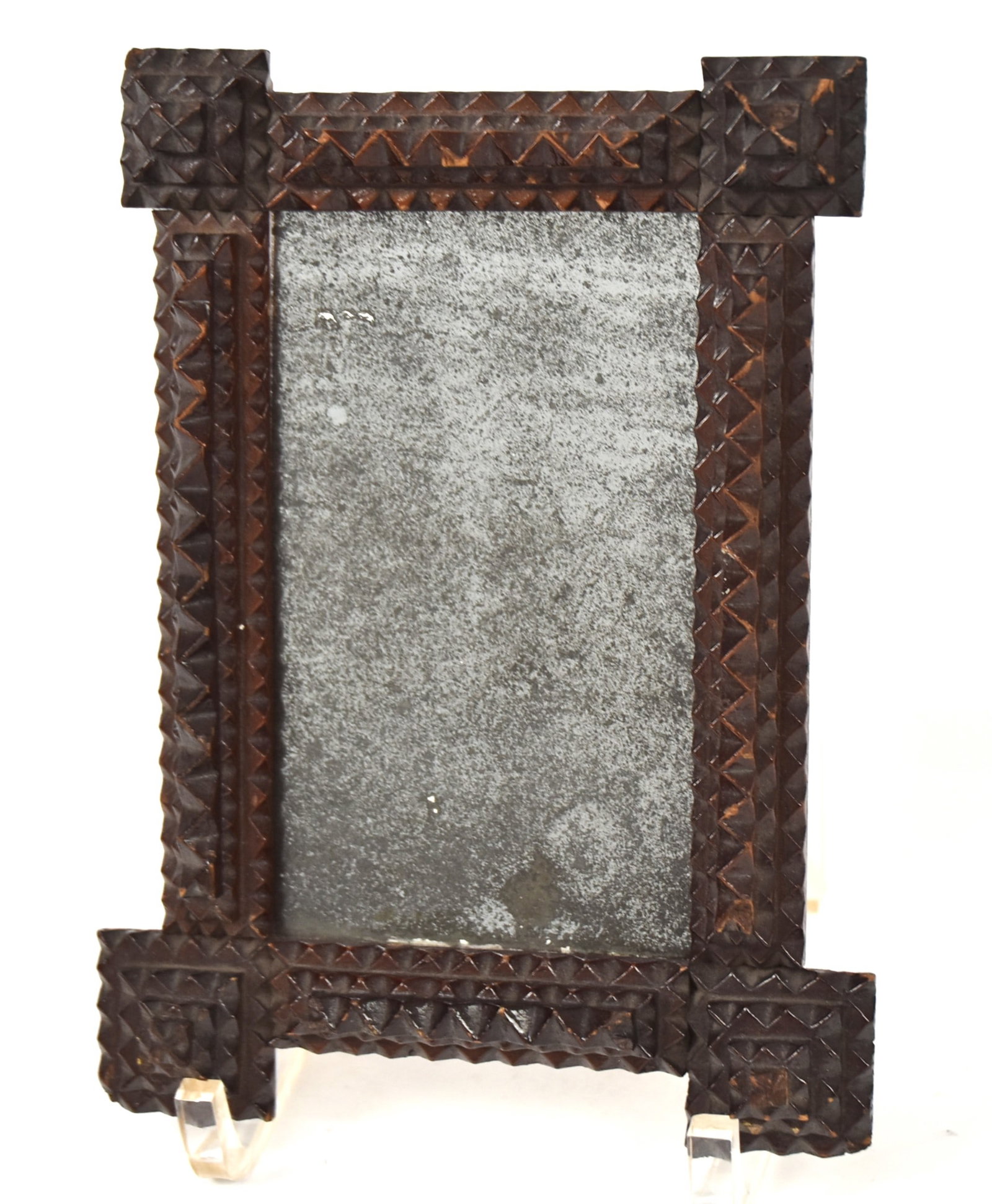 Miniature Tramp Art Frame from Brown Co. Ohio: Chip carved in original varnish finish with original discolored mirror glass, 5 x 7" with First Place ribbon from Brown Co. Fair. Condition Fine.
