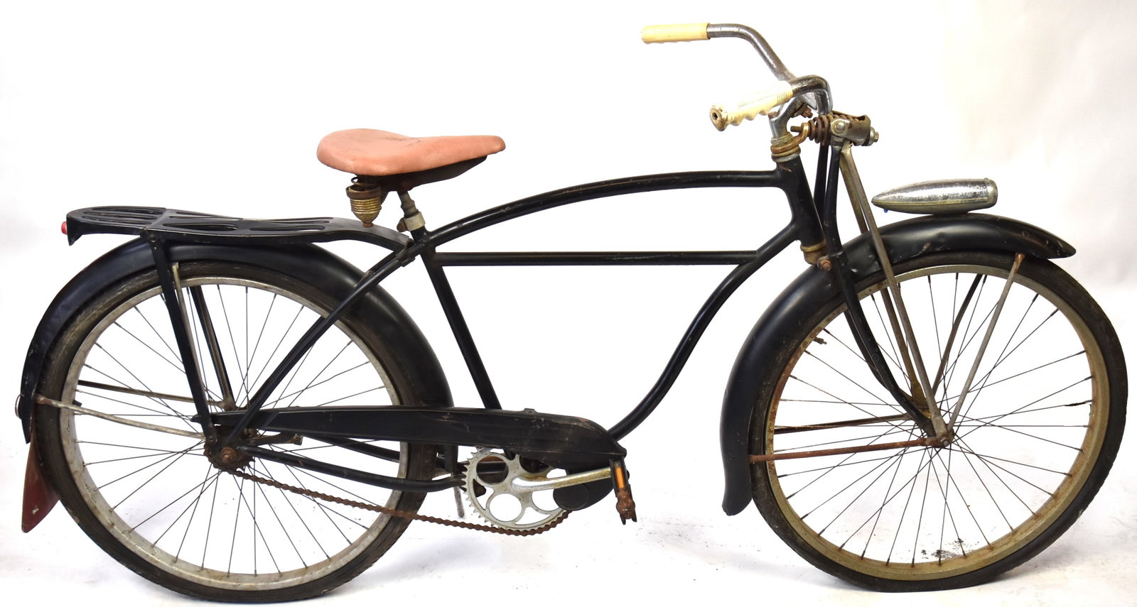 Vintage Boys Bicycle: With front spring and light with reflectors on back. 36" H X 72" L.