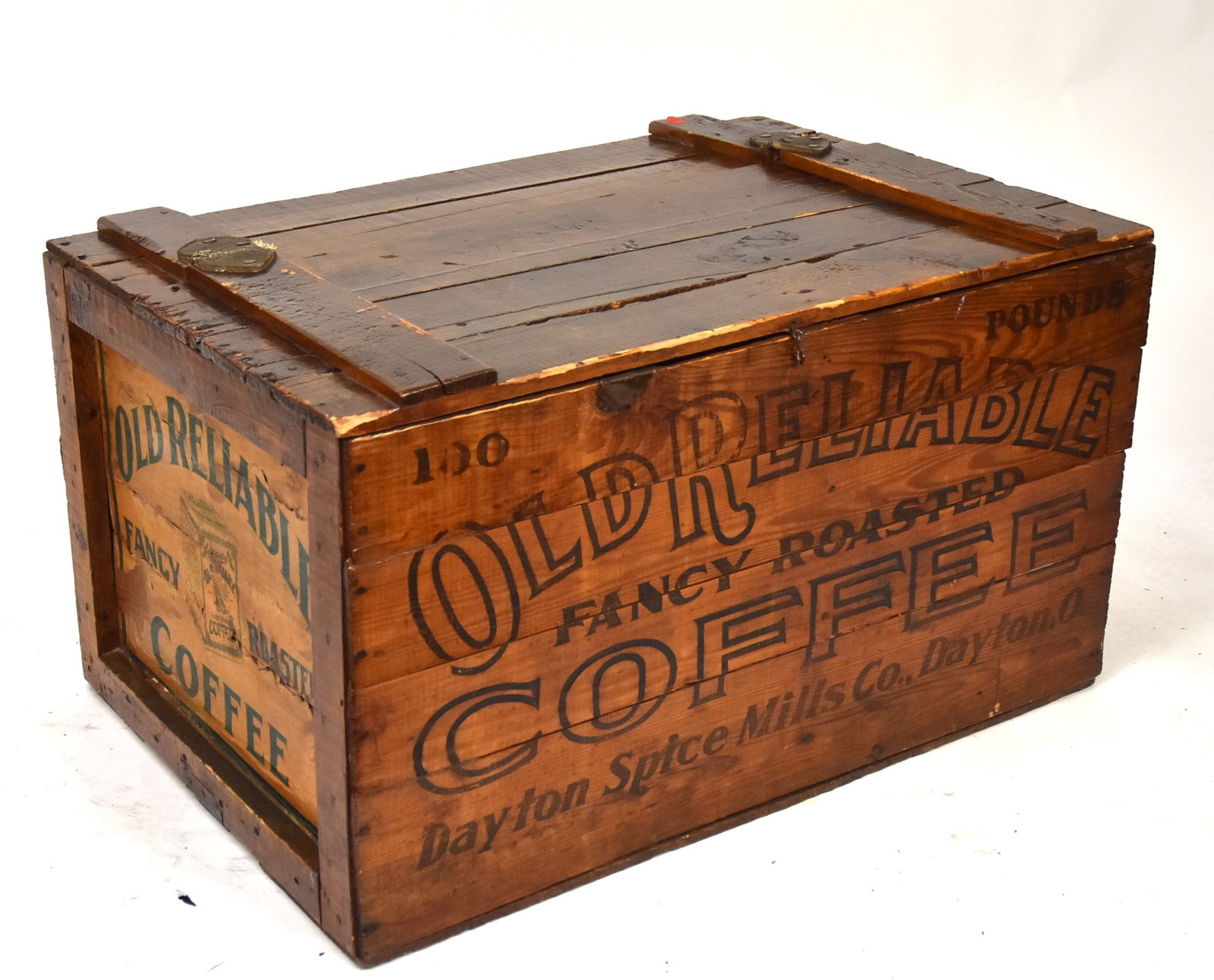 Old Reliable Coffee Crate: White pine with stenciled labels on three sides with illustrated printed paper label on one end, hinged lid with cloth liner, 21 1/2 x31 x 17 1/2" high. Condition VG.