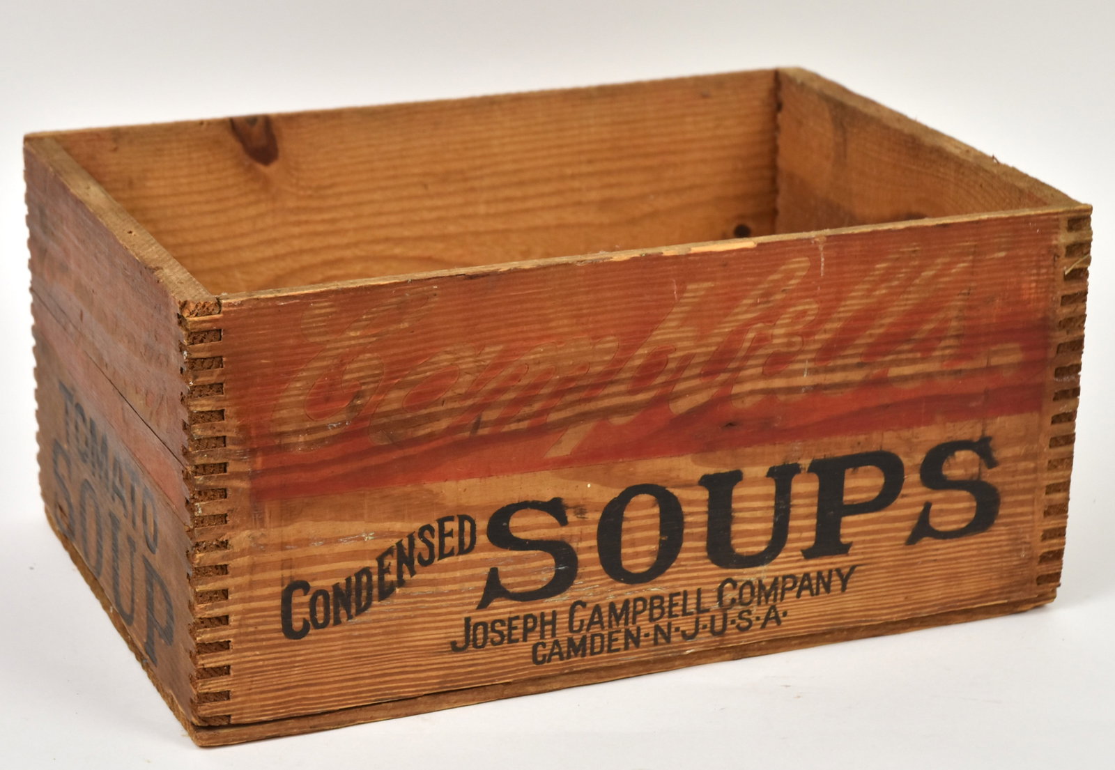 Campbells Soups Wood Crate: Machine dovetailed and stenciled in red and black, Joseph Campbell Company Camden N.J. U.S.A., 18 x 12 1/4 x 8 1/2" high. Condition no lid, else Fine.