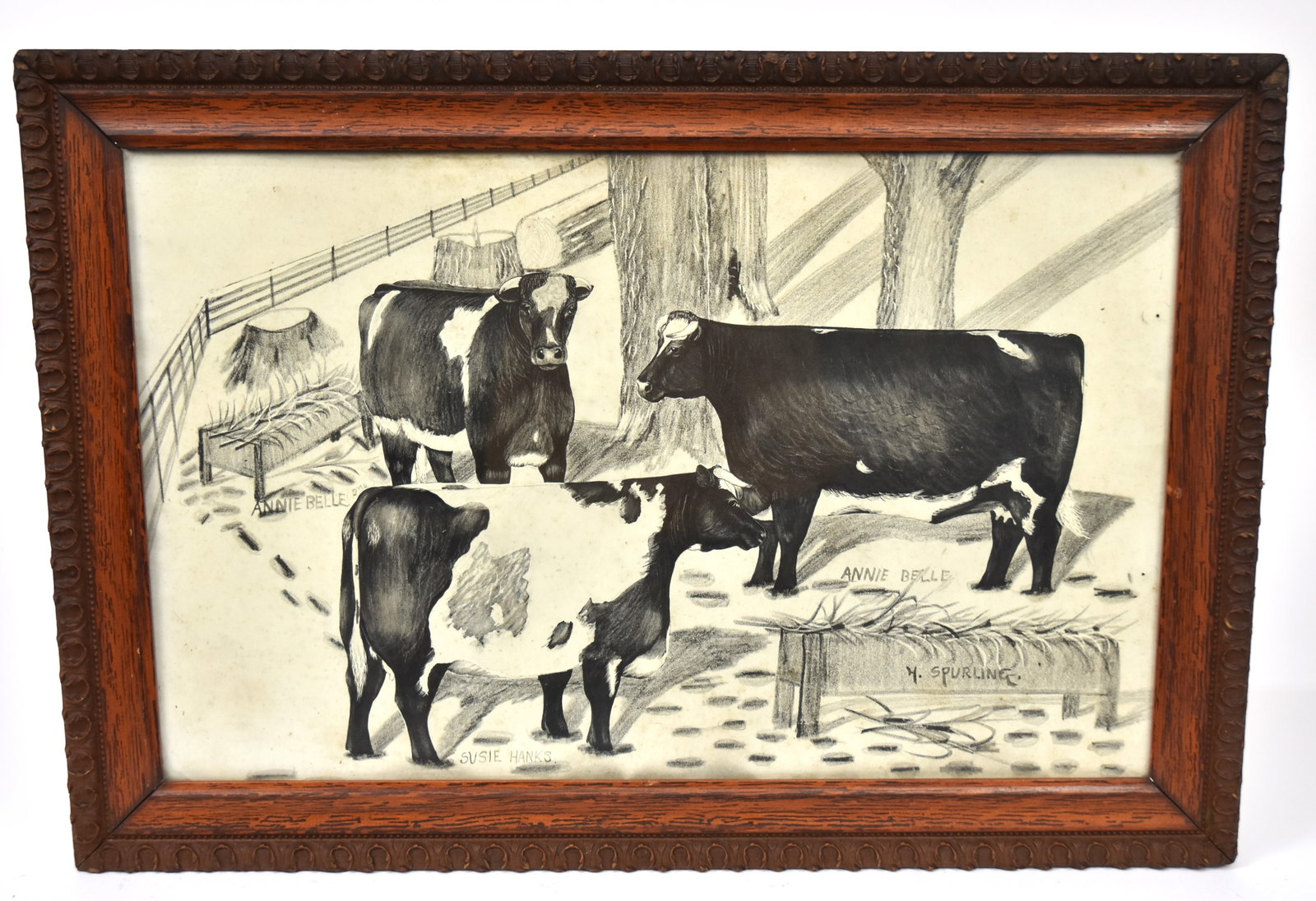 Folk Art Watercolor of Cattle: Three Holsteins in fenced yard with mangers and trees, artist signed H. Spurling with all three cows named, Annie Belle 2nd upper left, Susie Hanks, center and Annie Belle right, 14x 22" high in origi