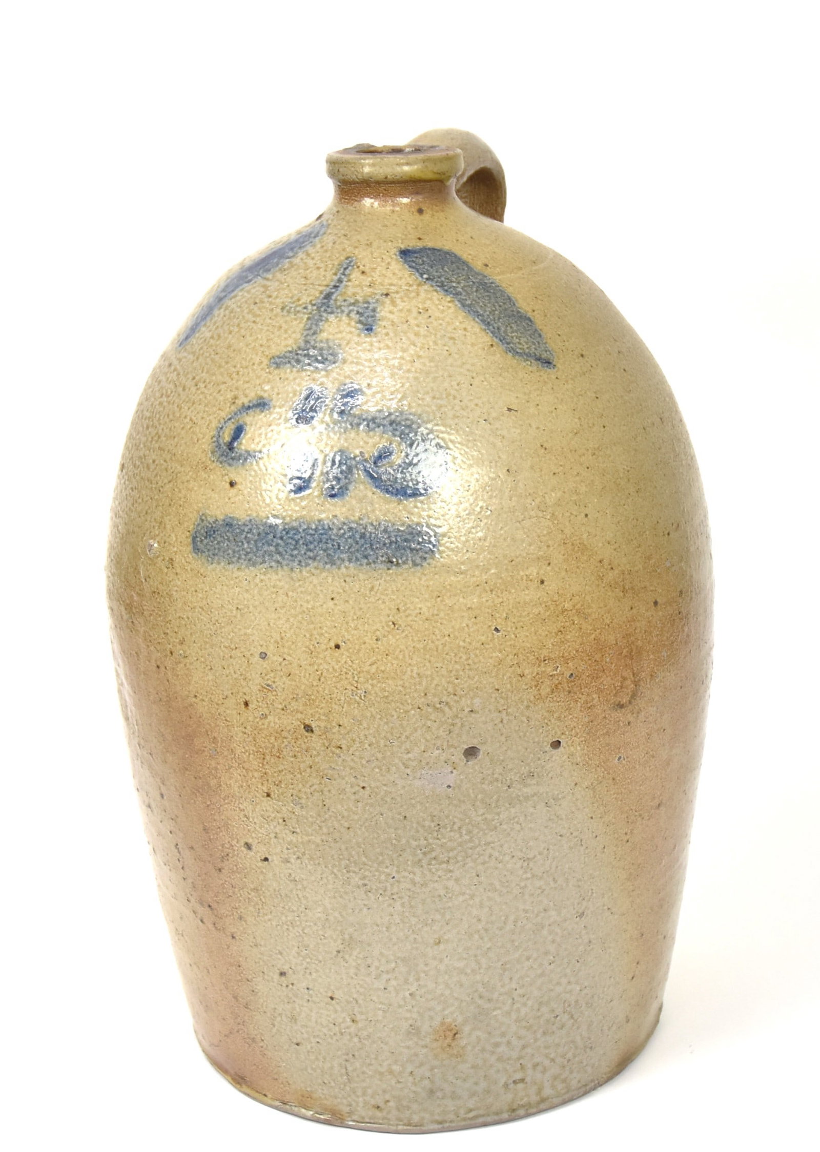 Decorated Stoneware Jug: Salt glaze with Albany glazed interior, in early ovoid form, with cobalt painted 4 over sideways S with dashes, flanked by diagonal bars with line under all, applied C scroll handle, 10" diameter x 16