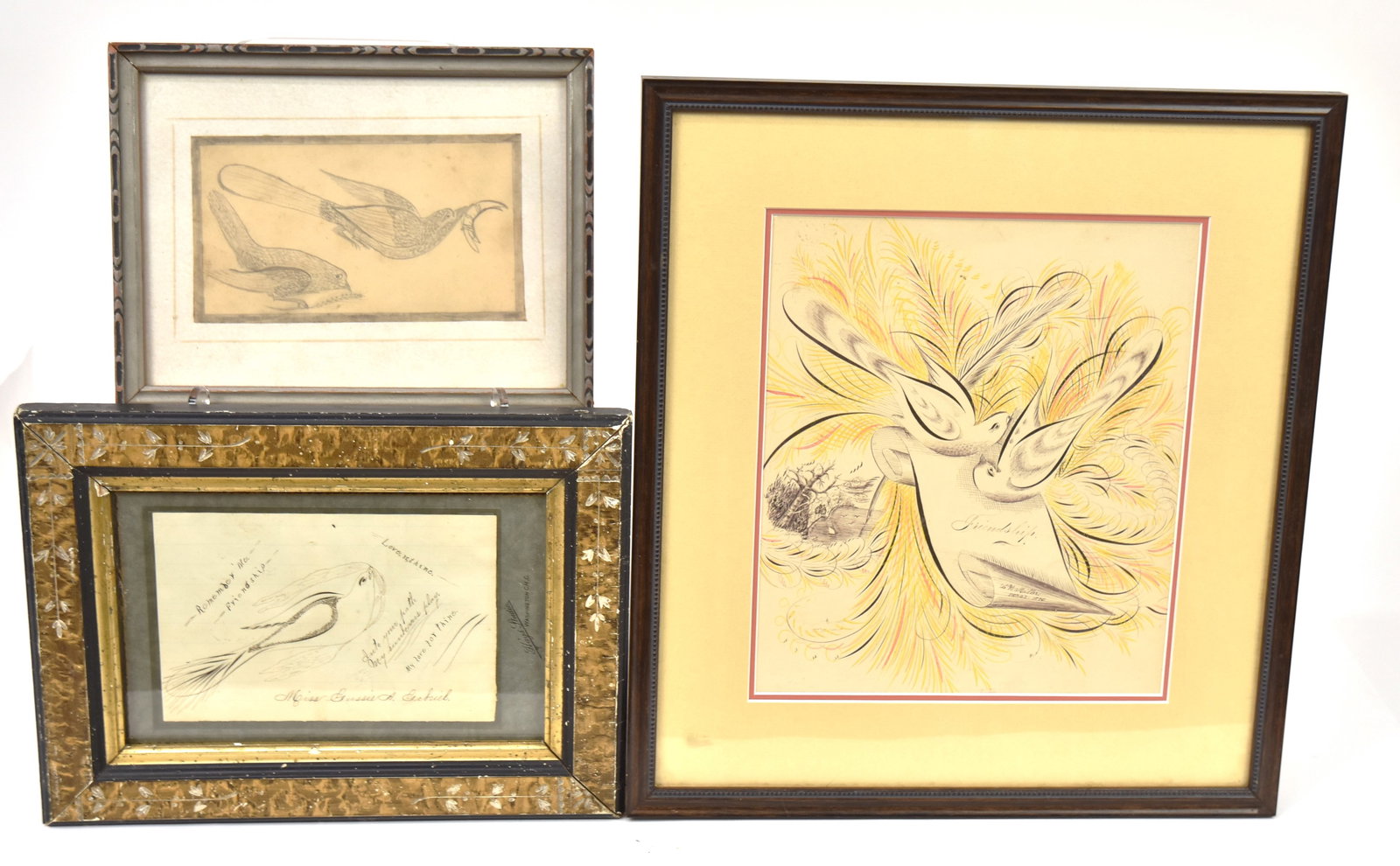 Three Spencerian Drawings: Including ink and watercolor love birds with feathers andvignette landscape and inscription one scroll below birds reading:Friendship/L.W. Miller/Dec. 23, 1895, sight 7 3/4 x 9", matted and framed, 12