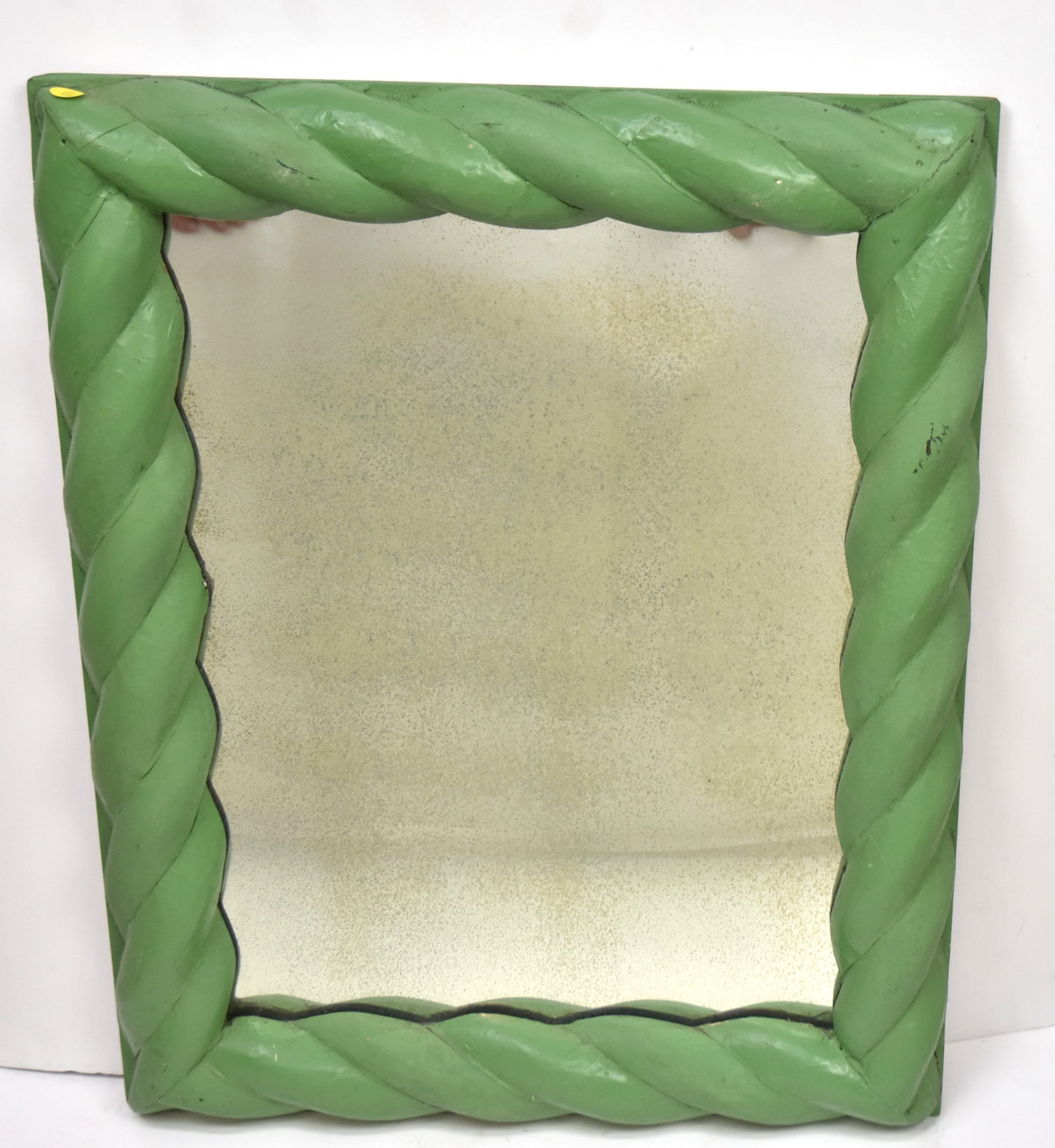 Green Painted Carved Mirror: Rope carved frame in old green painted finish with old mirror glass, 23 x 29" high. Condition Paint circa 97%, VG.