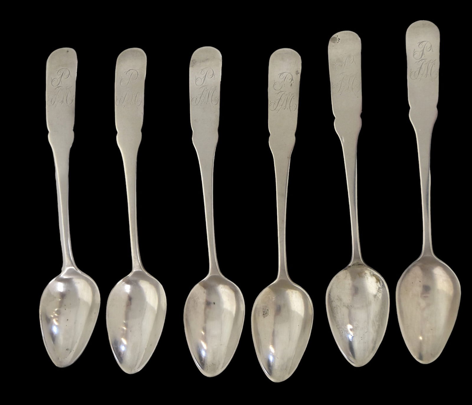 Six early coin Silver Tea Spoons: Lot of six, possibly John Coburn (1725-1803) Boston Mass contemporary with Paul Revere, engraved PTM, 5 3/8" long. Condition VG.