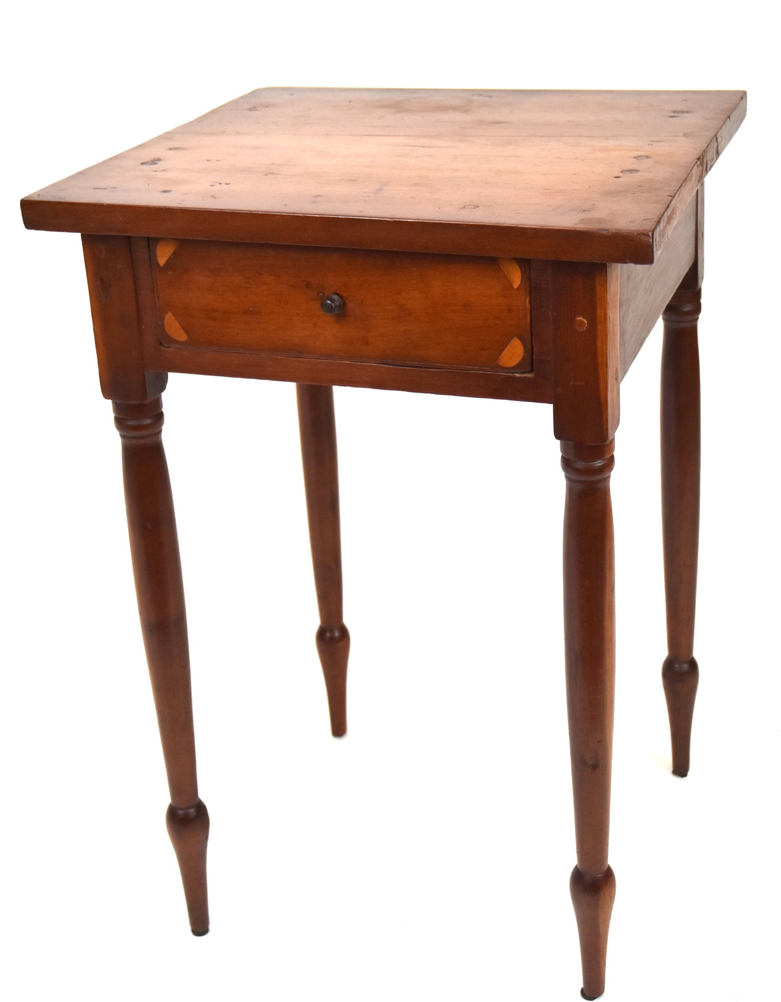 Inlaid Sheraton Cherry Stand: Circa 1820 with overhanging top, over single dovetailed drawer with satin wood fan inlay at corners and period brass knob, pinned construction, gracefully turned and tapered legs, poplar secondary woo