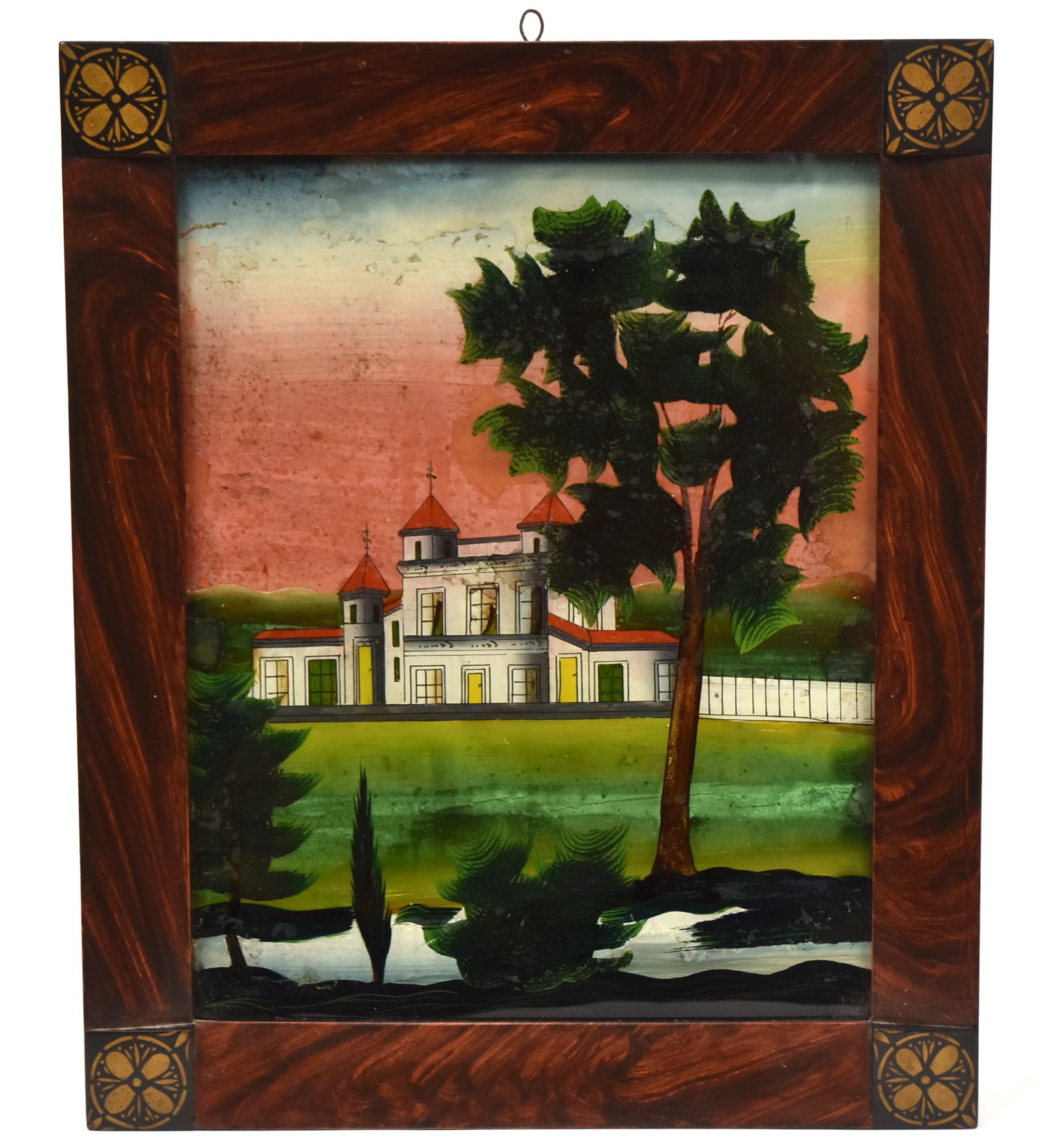 Fine Early American Reverse Painted Landscape: Large country estate with three towers in original polychrome painted ogee frame with block corners, 10 x 12". Condition VG+.