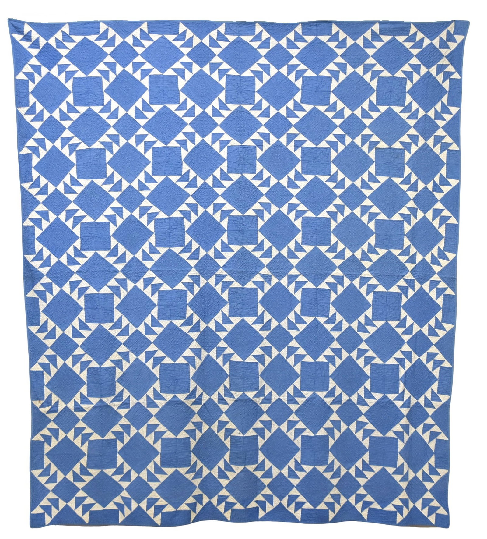 Early Pieced Quilt: Geese Round A Pond pattern in blue andwhite, all hand quilted, 77 x 81". Condition some white fabric worn, else VG.