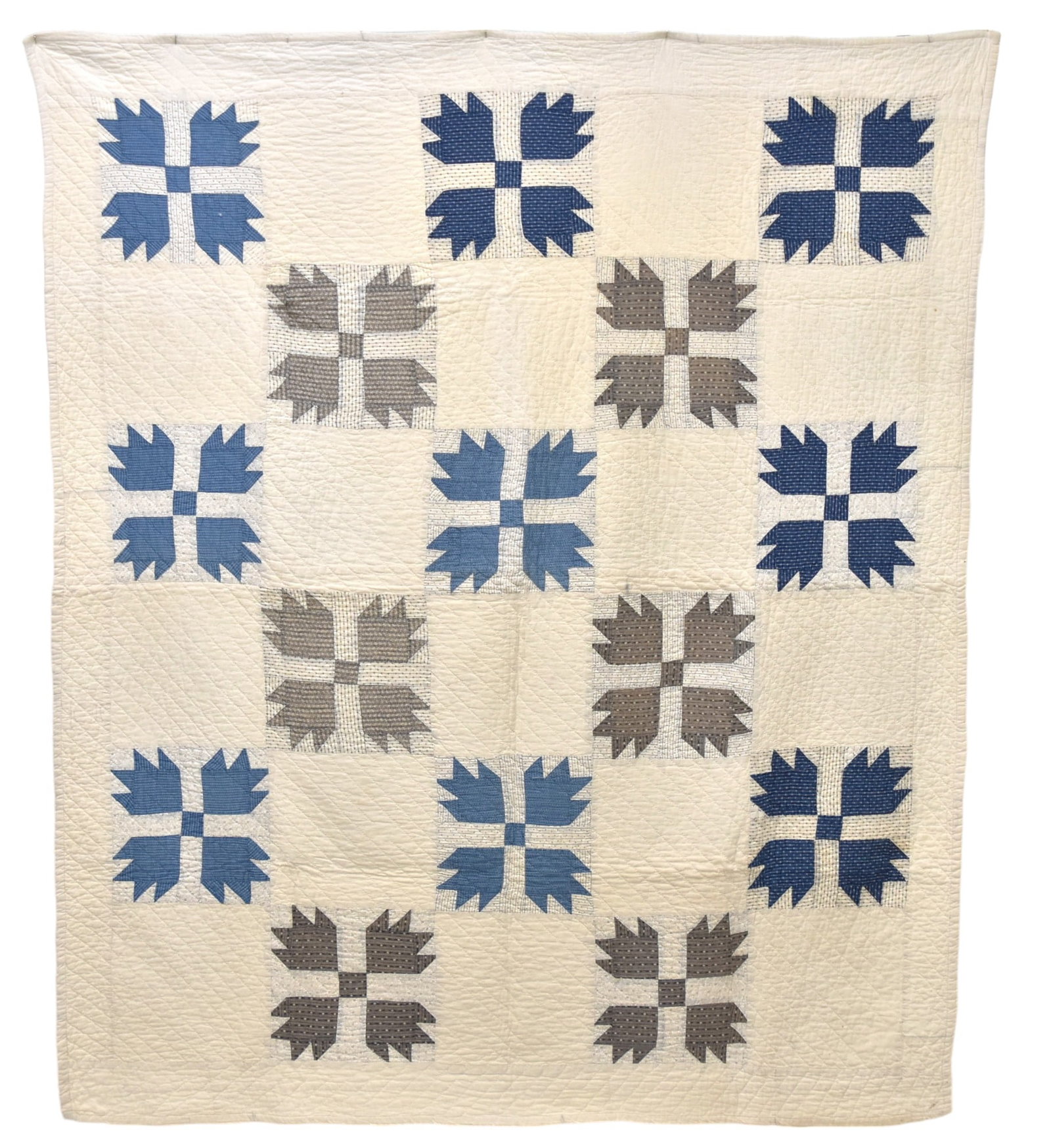 Early Pieced Quilt: Bear Paw Pattern in blue and brown calico printed fabric, all hand quilted, 64 x 75". Condition VG+.