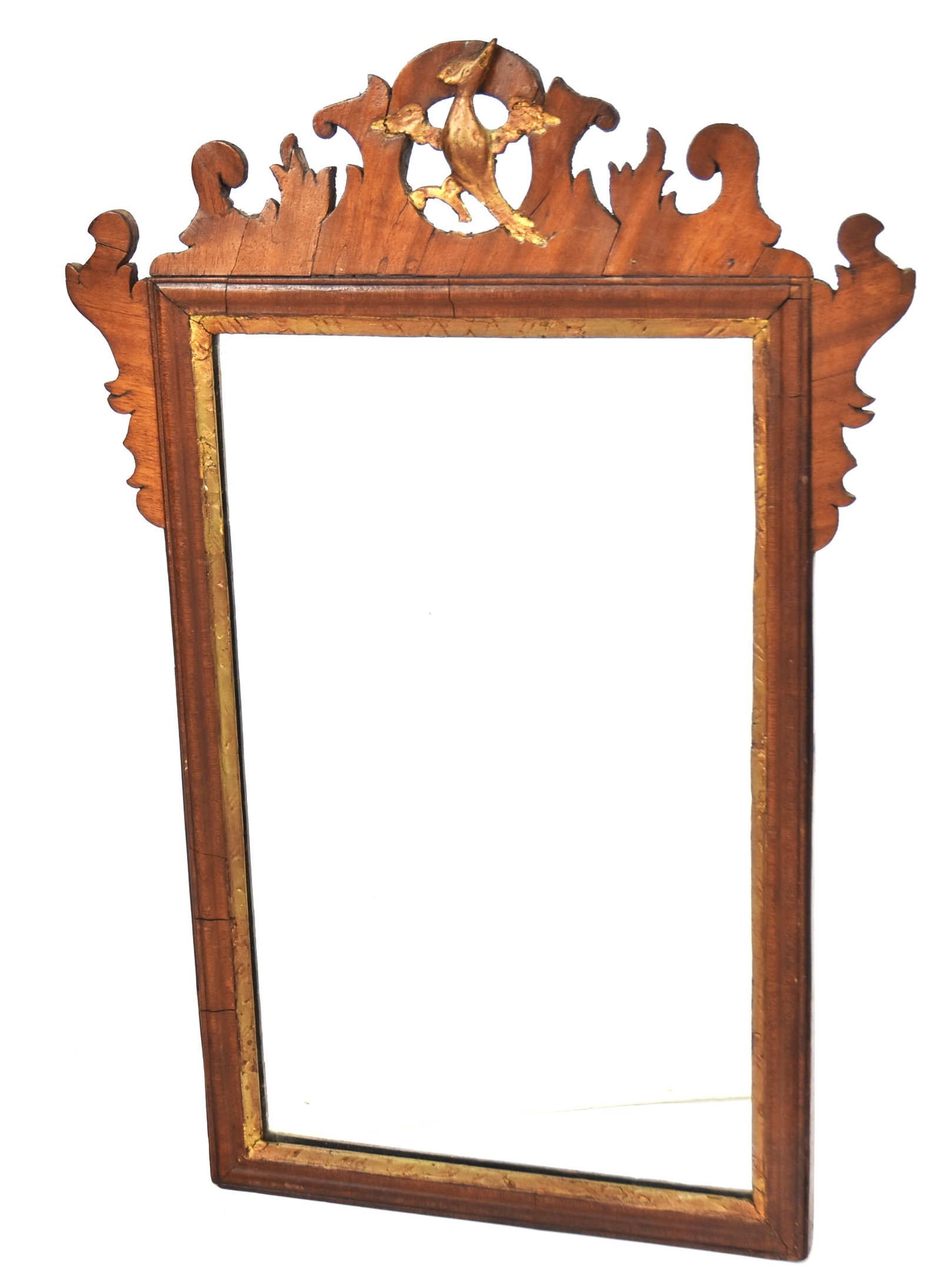 Chippendale Mirror: Cut-out crest & ears with gilt phoenix bird, 15 1/2 x 23". Condition Minor damage, VG.