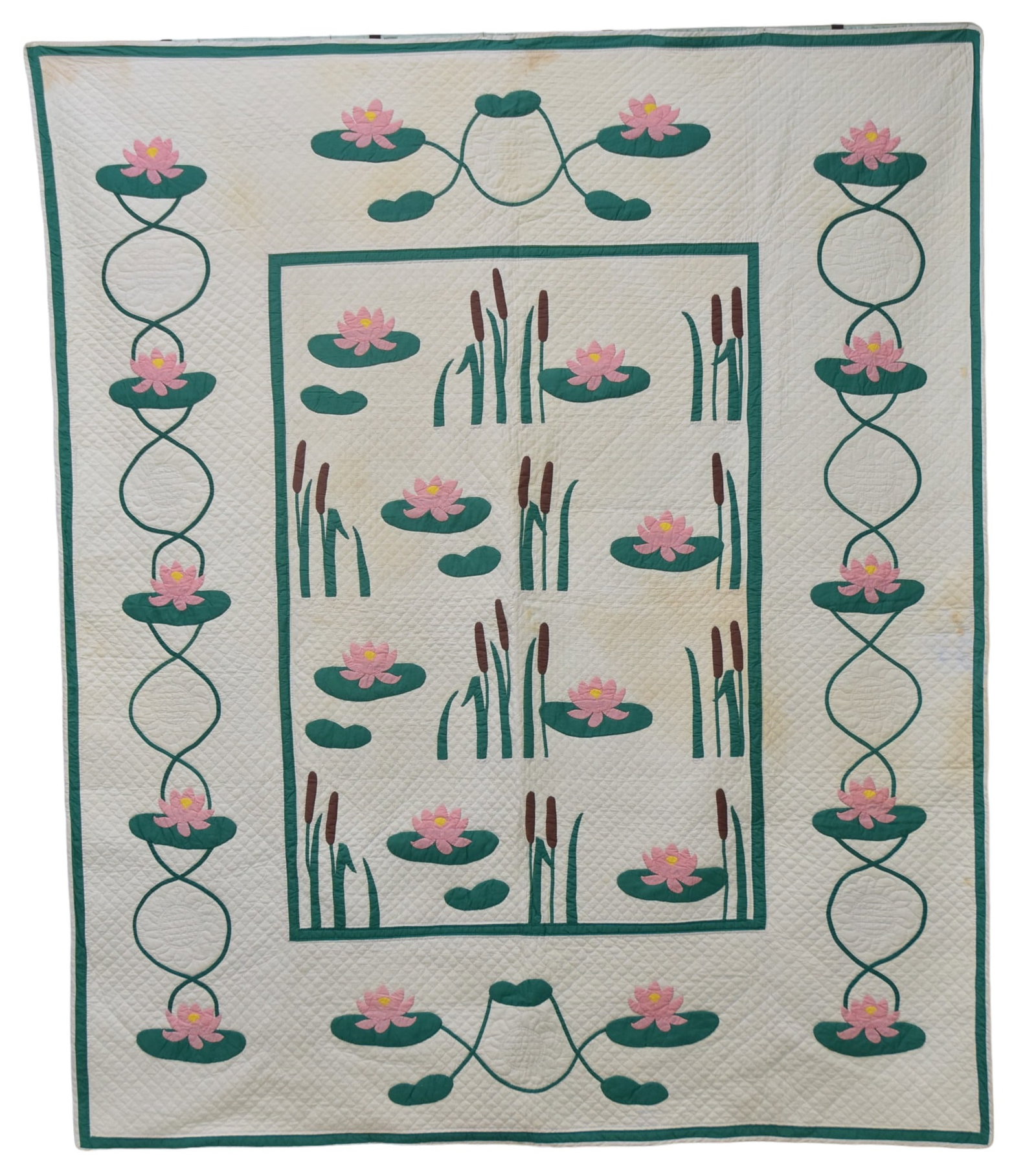 Fine Appliqued Quilt: Cattails & Lilly Pads, all hand quilted, 75 x 90". Condition light stins, else VG.