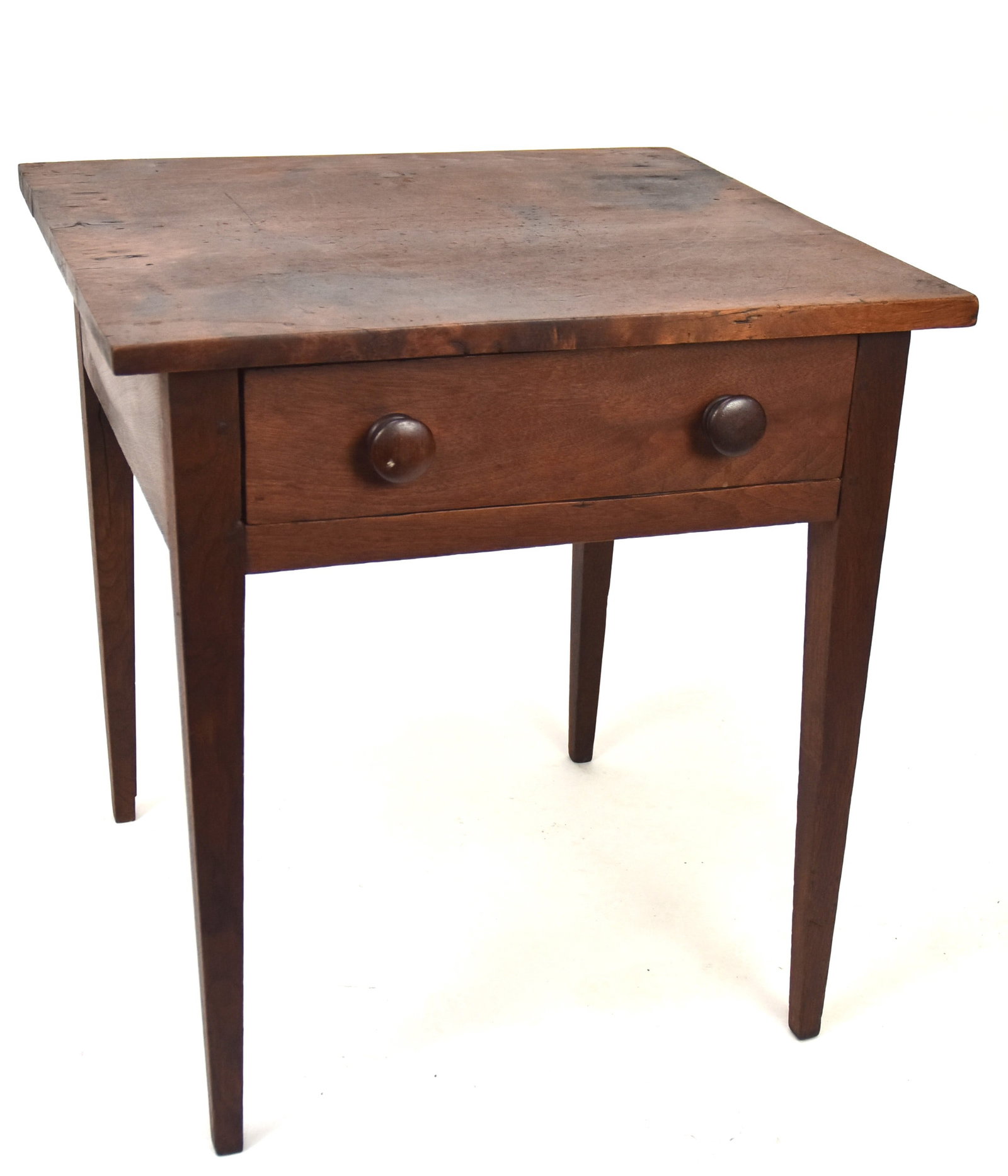 Walnut Style Hepplewhite Country Work Table: Overhanging top with single drawer with two turned walnut knobs, tapered legs, yellow pine & poplar secondary wood. 24 3/4 x 22 1/5 x 26 3/4" high.