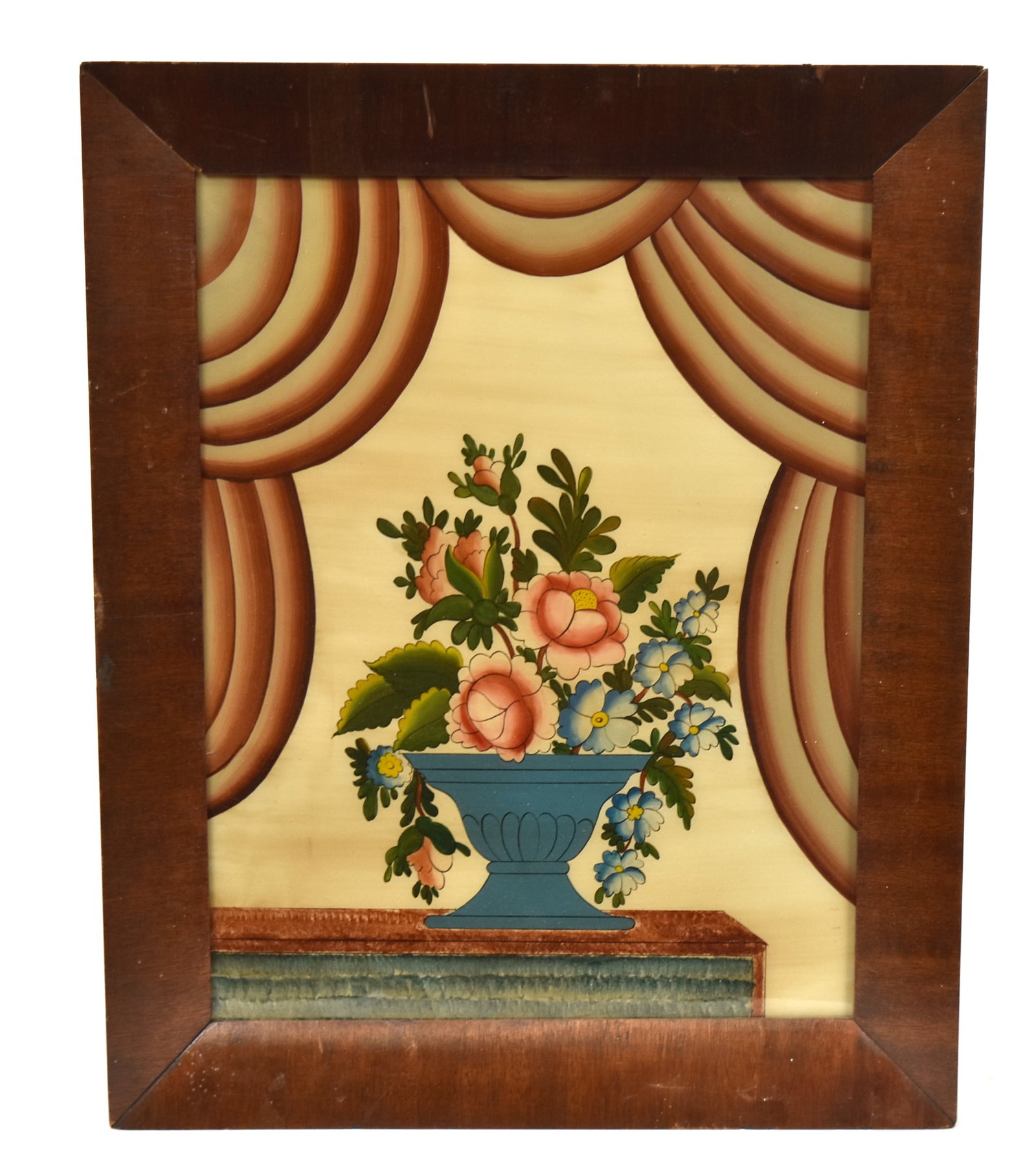 Reverse Painting Still Life Vase of Flowers: Painting on glass in period mahogany ogee frame, 12 1/2 x 15 1/4". Condition VG+.