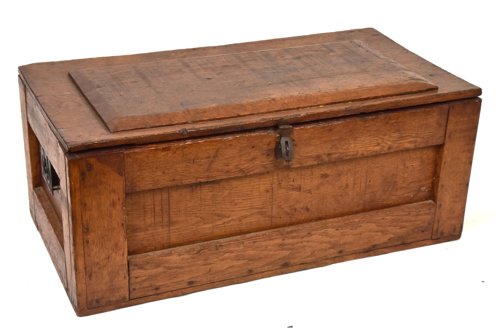 Early Tool Chest: Oak with paneled sides, back and front with old iron hasp and keeper and handles, interior with one shelf, 20 x 37 x 15 1/2" high. Condition expected wear, VG.