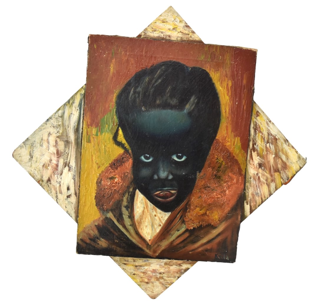 Folk Art Tuskegee Airman Oil Portrait: Originally from the Cincinnati home of Charles Southern A World War II communications officer for the Tuskegee Airmen. Oil on canvas of young pilot in sheepskin flight jacket and scarf, artist signed 