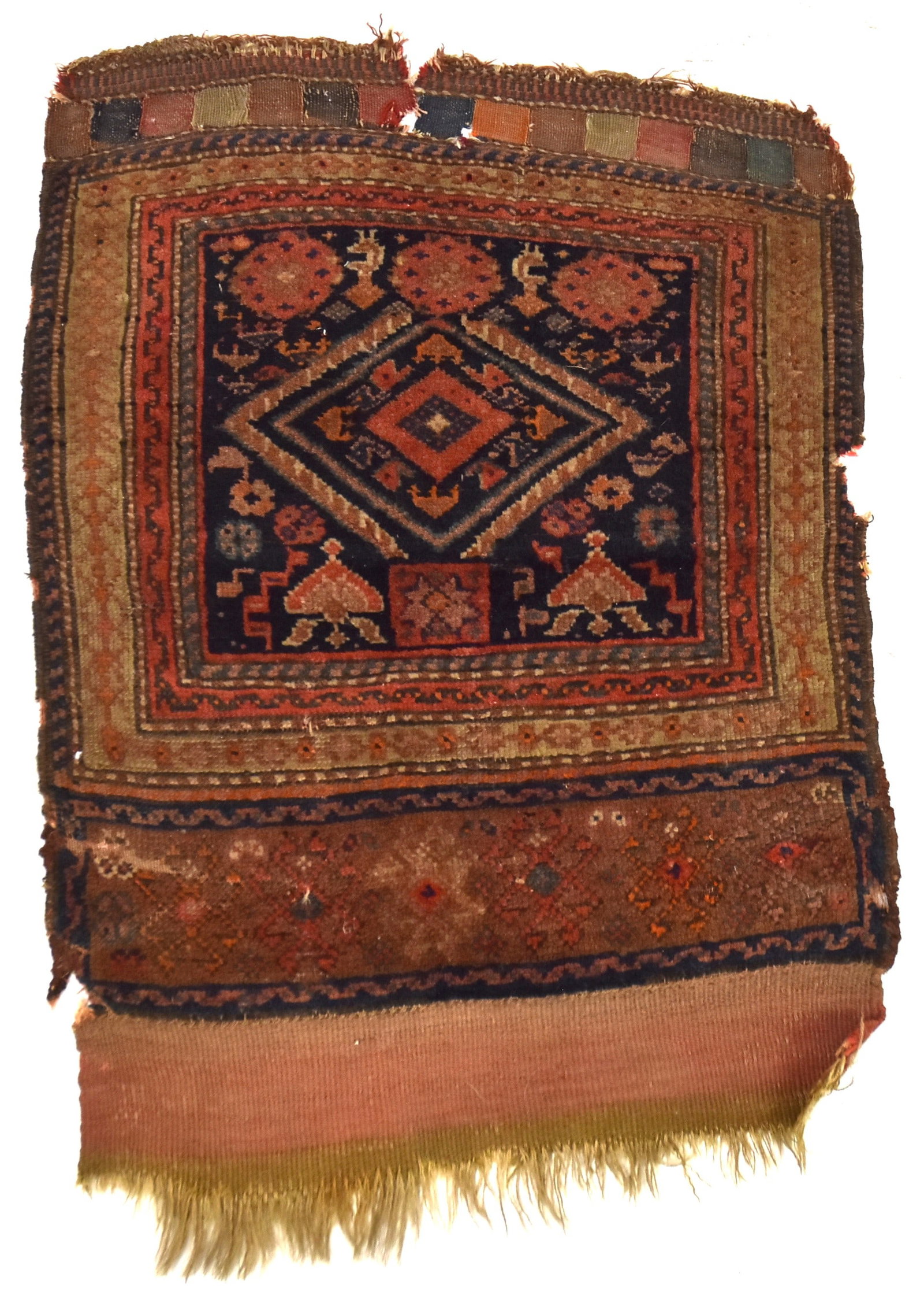Antique Tribal Saddlebag Face: Floral & geometric pattern 19 x 26". Condition moderate wear and short tears or seam breaks