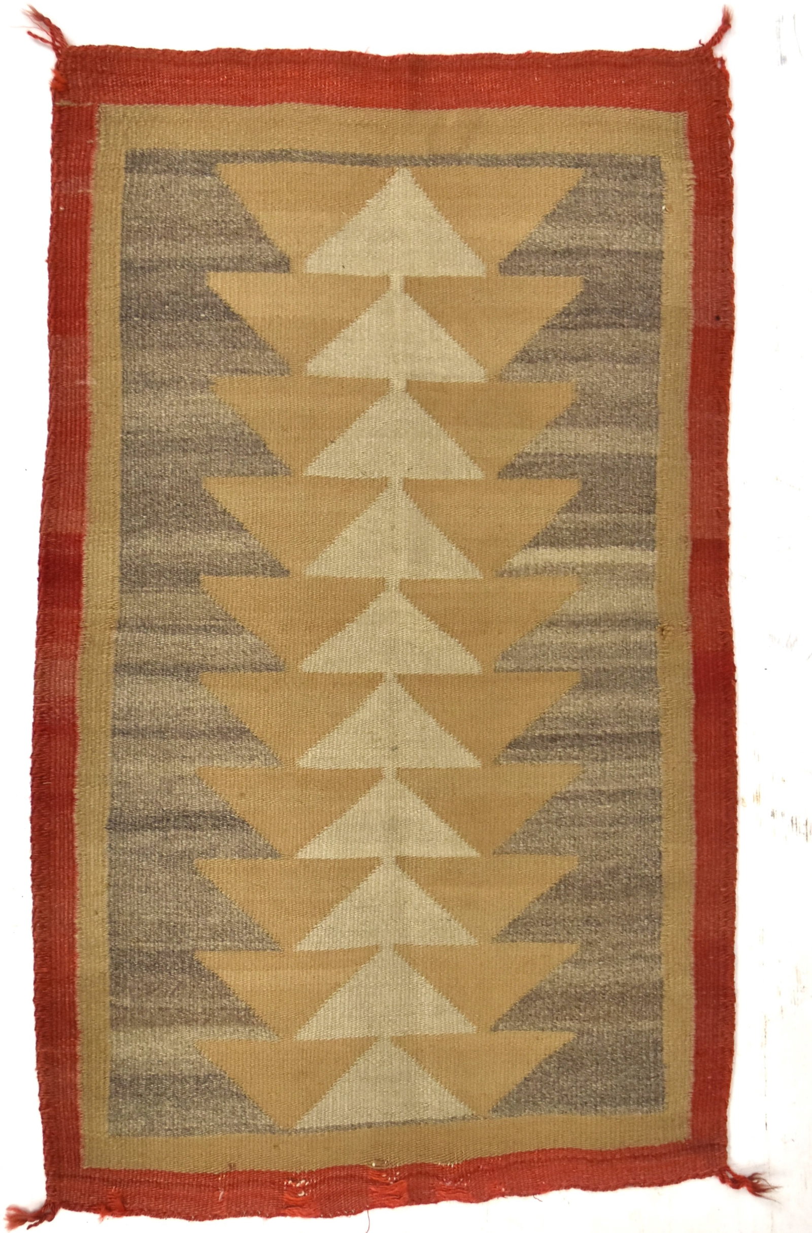 Navajo Native American Weaving: Beige ground with gray and cream triangular design, circa 1940s, 25 1/2 x 41 1/2". Condition slight fading and edge wear.