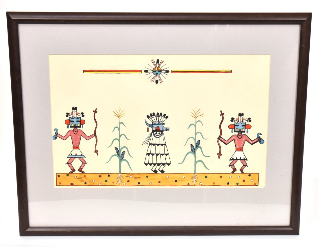 Peter Shelton Hopi Yei Gouache Painting: Peter H. Shelton (Hoyesva 1920-1992) Two Yei figures holding staffs & gourd rattles with corn plants and feathered god in center with sun figure above, signed on back Peter Shelton & #1, sight 20 1/2 