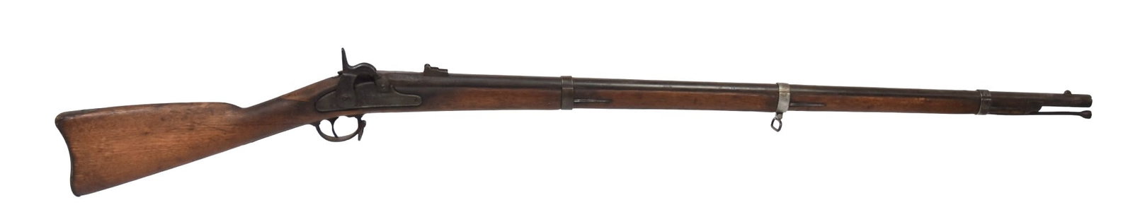 B. Robinson Civil War Contract Musket: Percussion with 40" round .50 caliber barrel with front & rear standing sights, lock plate marked B. Robinson/New York, U.S. with floral sprig and 1863, behind hammer, full walnut stock with stel end 