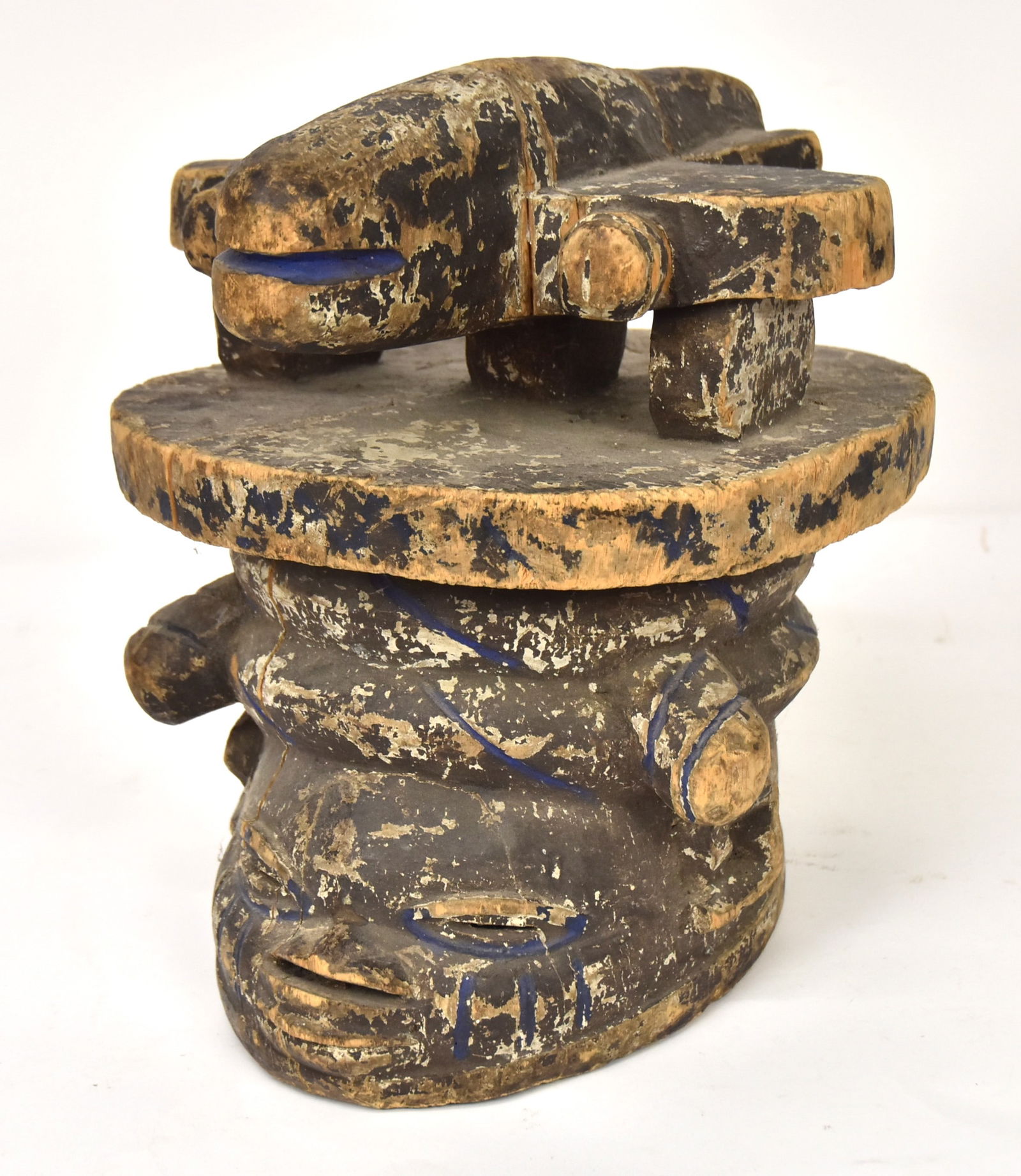 Unusual African Helmet Mask With Airplane: Originally from the Cincinnati home of Charles Southern a World War II communications officer for the Tuskegee Airmen. Single piece of softwood in original blue and green painted finish, circa 1940s u