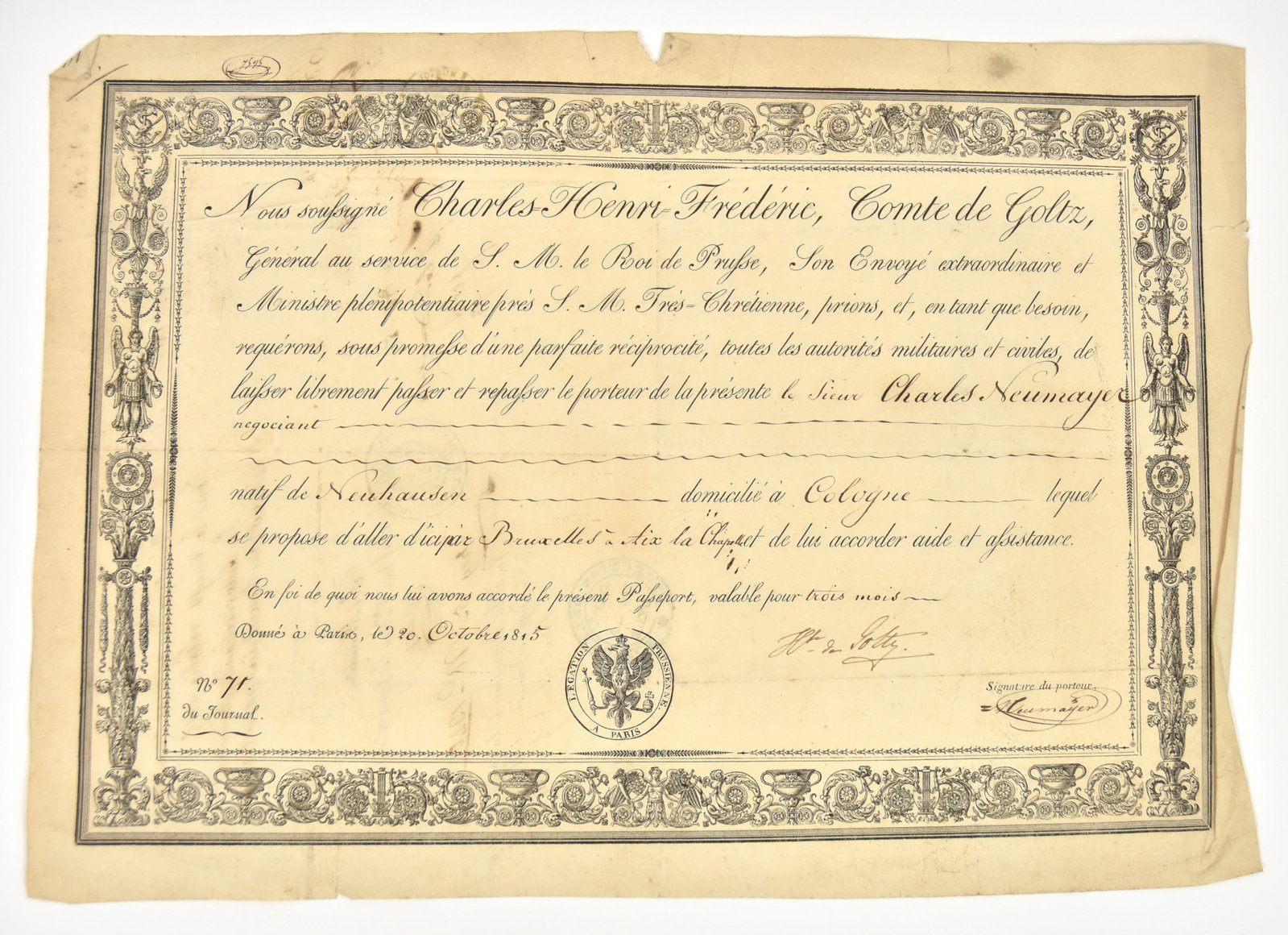 1815 Prussian Diplomatic Passport: Partially printed manuscript with illustrated border granting one Charles Henri Frederic, Count of Goltz safe passage across Europe, 16 x 12" docketed on reverse in ink and with four ink stamps from v