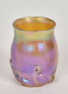 Tiffany Favrile toothpick holder, tooled designs: Bright iridescent gold, defined double tidal wave patterns hand pulled thru a ribbed body. 2&rdquo;T. Engraved L.C.T., M1385. Sliver nick to rim. Nice blend of rainbow hues.