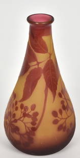 D’Argenthal cameo bottle vase, floral: A trailing wildflower vine surrounds the circumference. 6 1/4”T. Cameo signature. Nice form. Pleasing design.