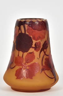 D’Argental fire polished cameo vase, nasturtiums: Reduced height. Nice wheel cut beading trims the rim. Cameo signature. 4”T. As is purchase.