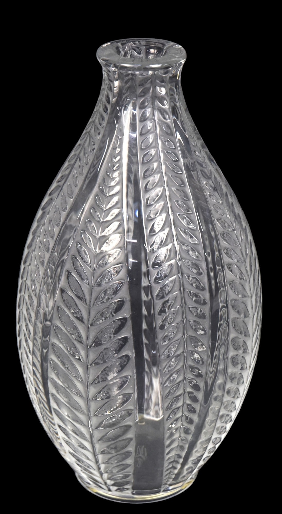 Lalique "Acacia" Glass Vase: deorated withverticl bands of leaves,marked on base Lalique France, 4" diameter x 8 1/4" high. Condition Fine.