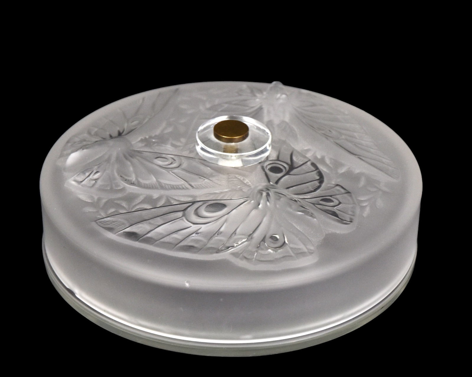 Verlys “Les Papillons" covered bon-bon: Frosted & clear with butterflies on the cover. 2”T. 6 1/2”D