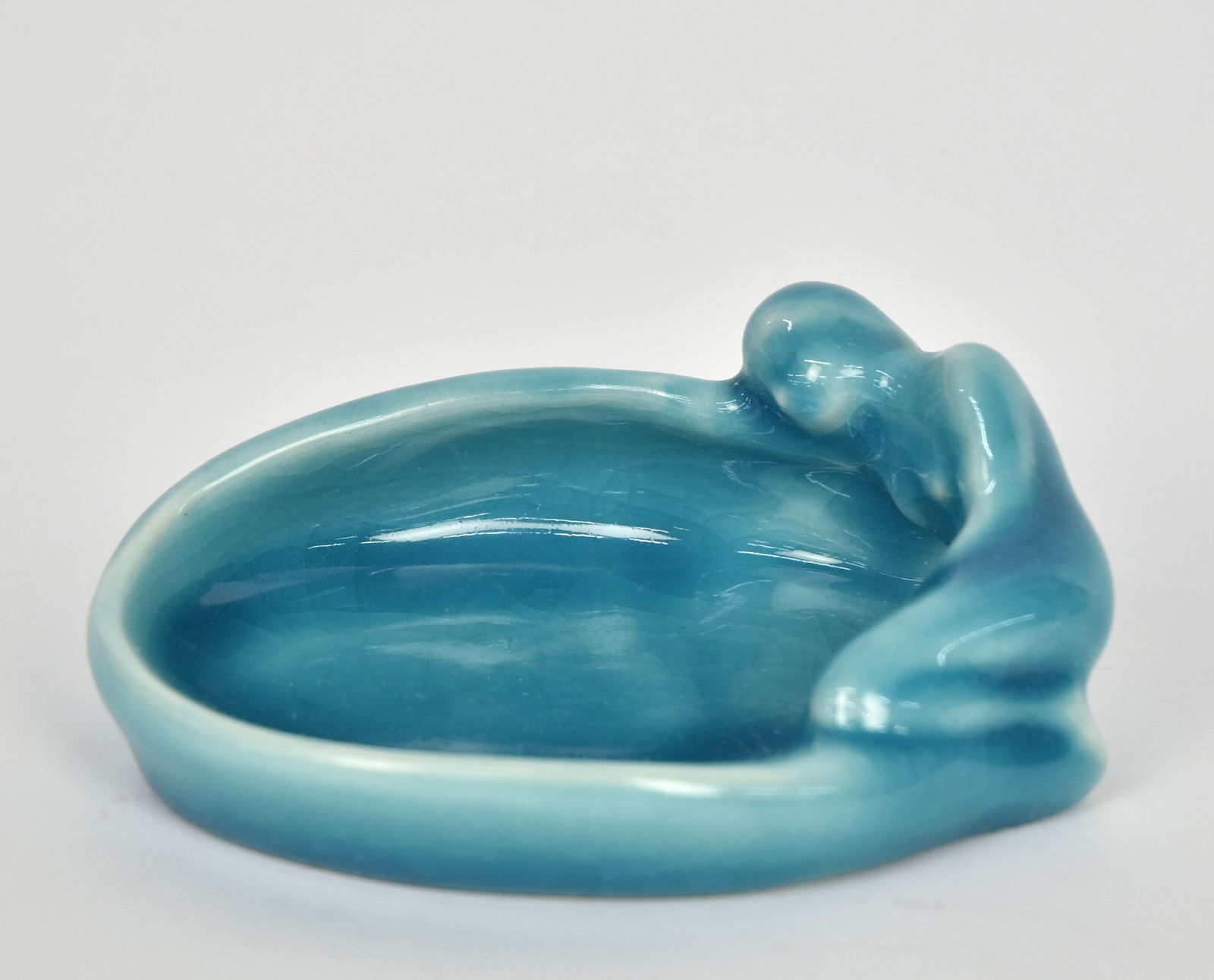 Louise Abel Pin Tray: Nude woman in blue hight glaze, marked and dated 1945, shape number 2595, 4 1/4 x 3 x 1 3/4" high. Condition Fine.