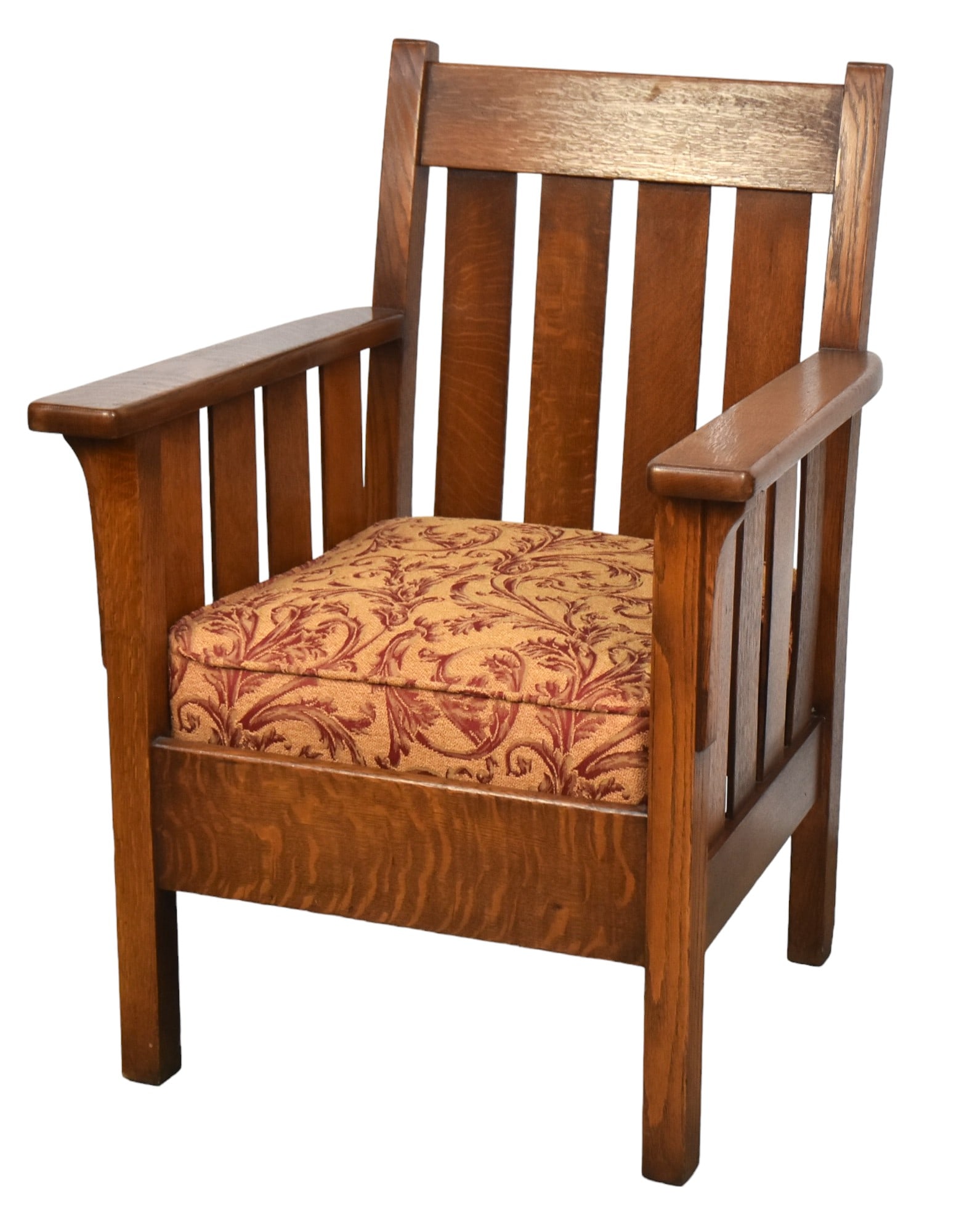 Arts & Crafts Arm Chair: 4 Slat back and four slat sunder each arm. 38H x 26 x 2. Good Condition.