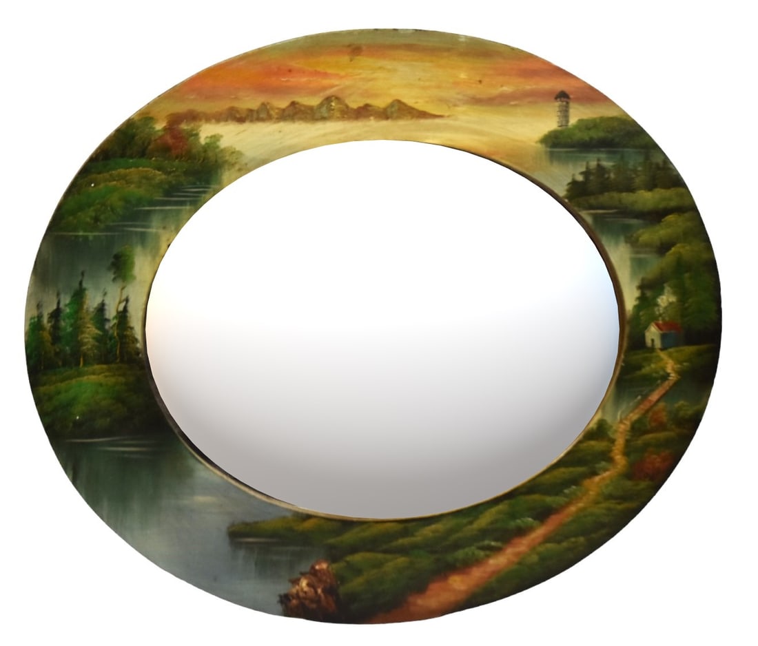 Adriondack Style Painted Mirror: Unusual painted mirror circa 1915 with hand painted lake scenes with pine trees. 30 1/2H x 36W. Good condition.