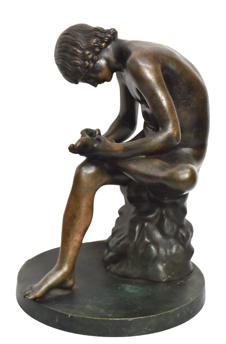 Fonderia Giorgio Sommer Bronze Sculpture: Fonderia Giorgio Sommer (Italian 1834-1914) 19th century "Boy with thorn" bronze sculpture, inscribed on base Fonderia Giorgio Sommer Calabritto 2-3 Napoli. Original patina. 11H x 8 DIA. Good conditio