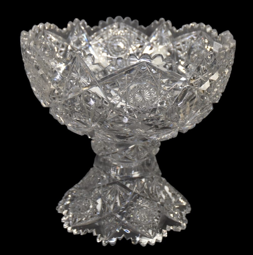 Hawkes American Cut Glass Punch Bowl: Two piece with hobstar, fan, starburst and nail head cutting, saw tooth foot and top lip, Signed Hawkes, 10 1/2" dia. 10 1/4" high. Condition VG+.