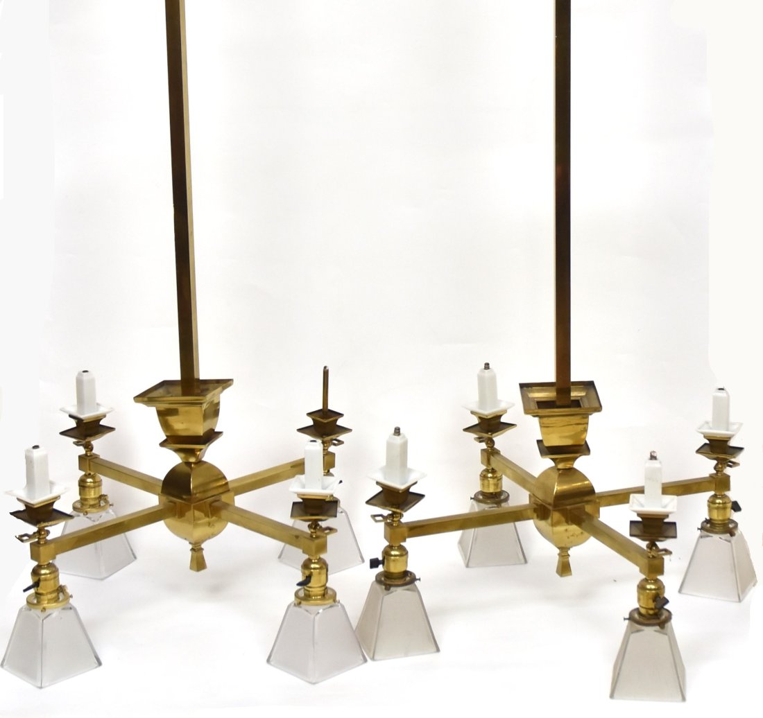 Pair of Brass Gas Light & Electric Hanging Chandeliers (1 of 9)